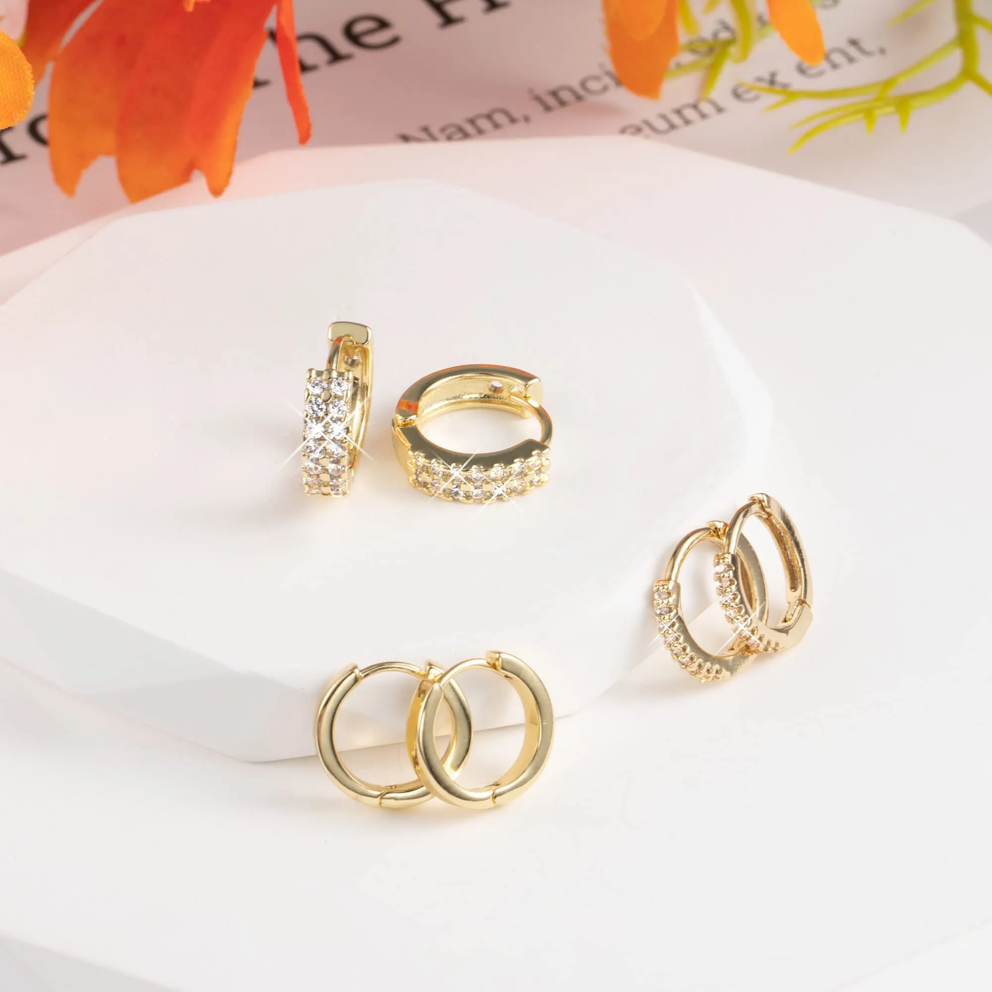 ALEXCRAFT 3 Paia Orecchini a Cerchio Huggie Oro 14K e Zirconi Misti - immagine 7