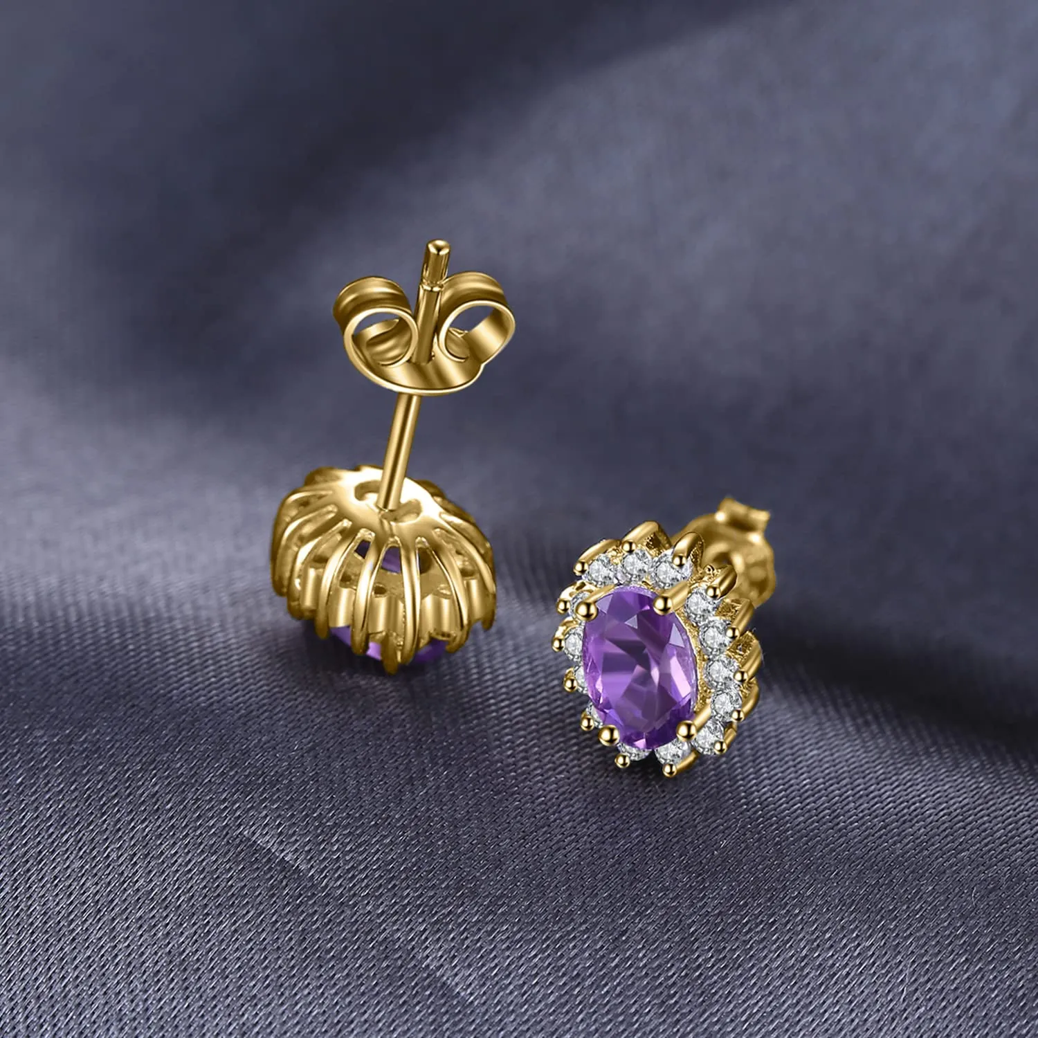 JewelryPalace Orecchini a Bottone Donna in Argento 925 con Ametista Viola Naturale, Pietra Ovale - immagine 2