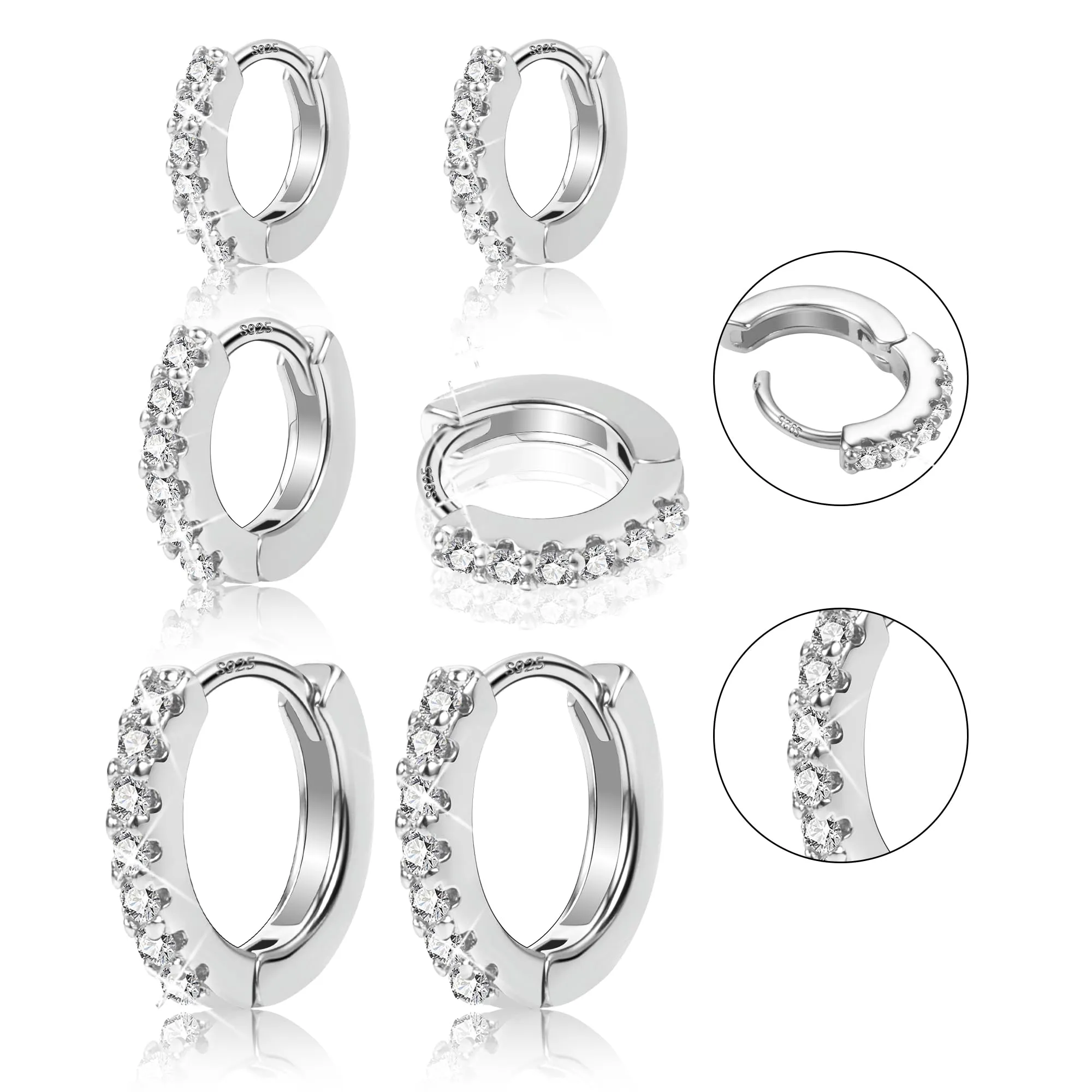 ALEXCRAFT Orecchini a Cerchio Huggie con Zirconi in Argento, Set da 3 Paia - immagine 1