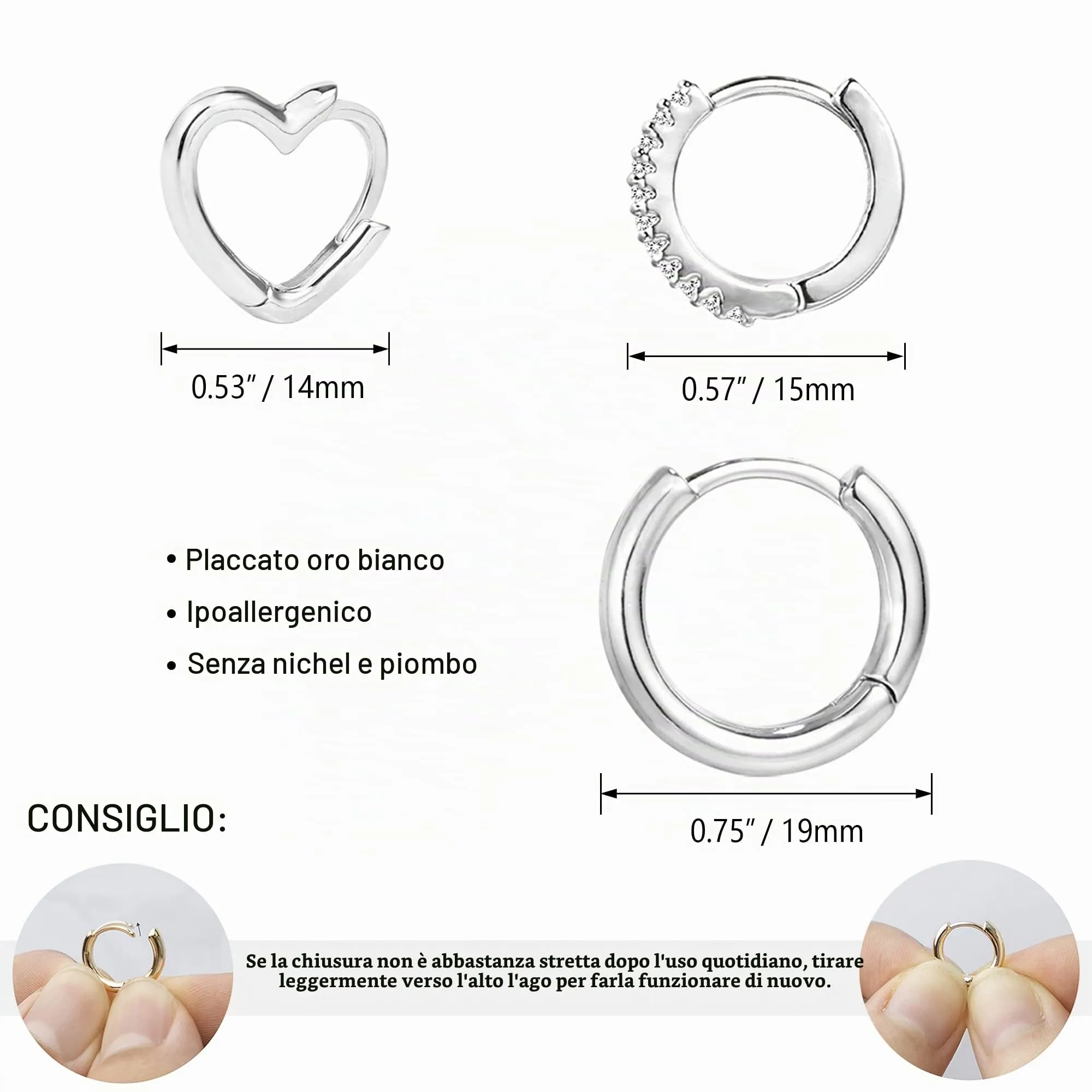 ALEXCRAFT Orecchini a Cerchio Huggie Cuore e CZ, Set 3 Paia, Argento Lucido - immagine 4
