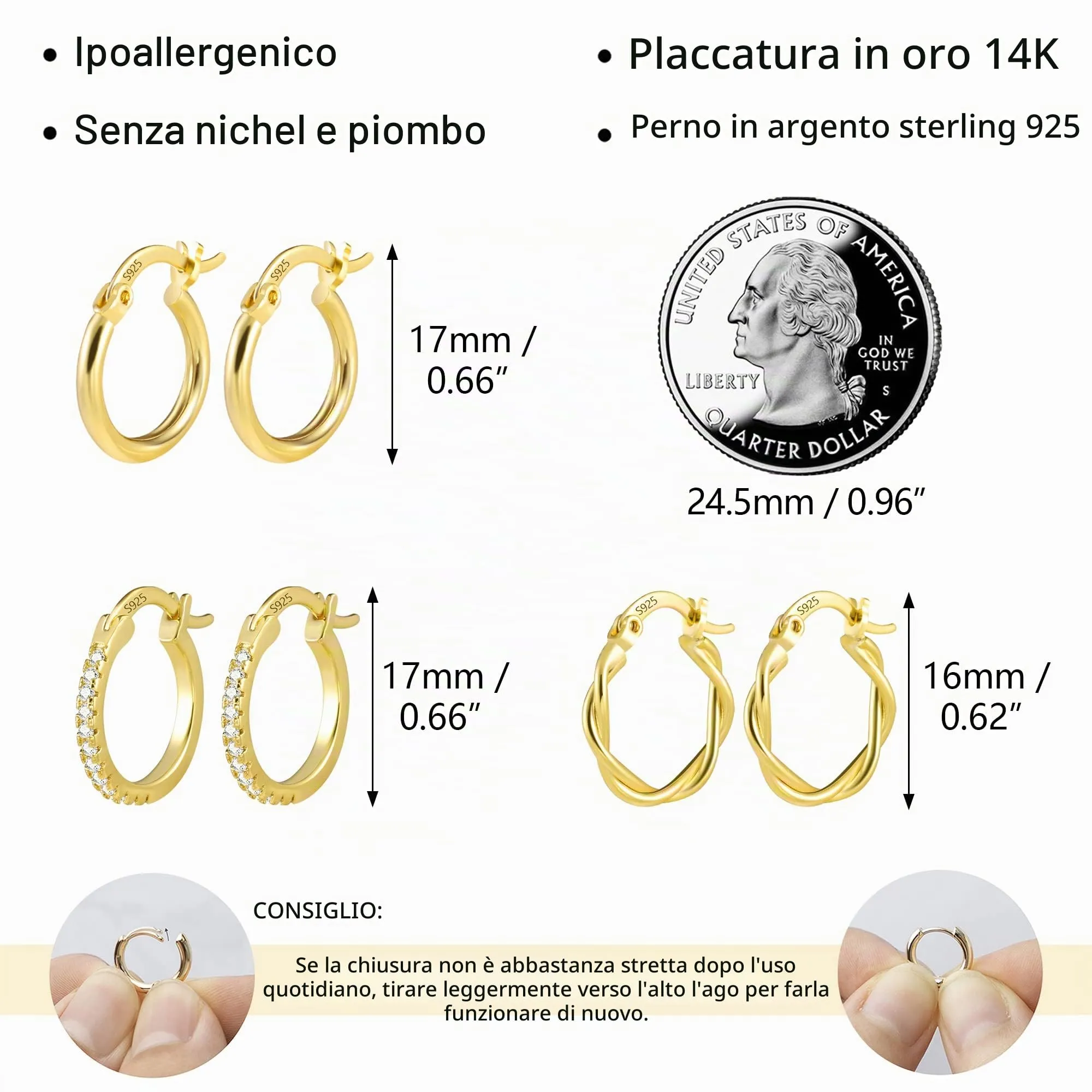 ALEXCRAFT Set 3 Paia Orecchini a Cerchio Donna Oro 14K Lucidi e Intrecciati - immagine 2