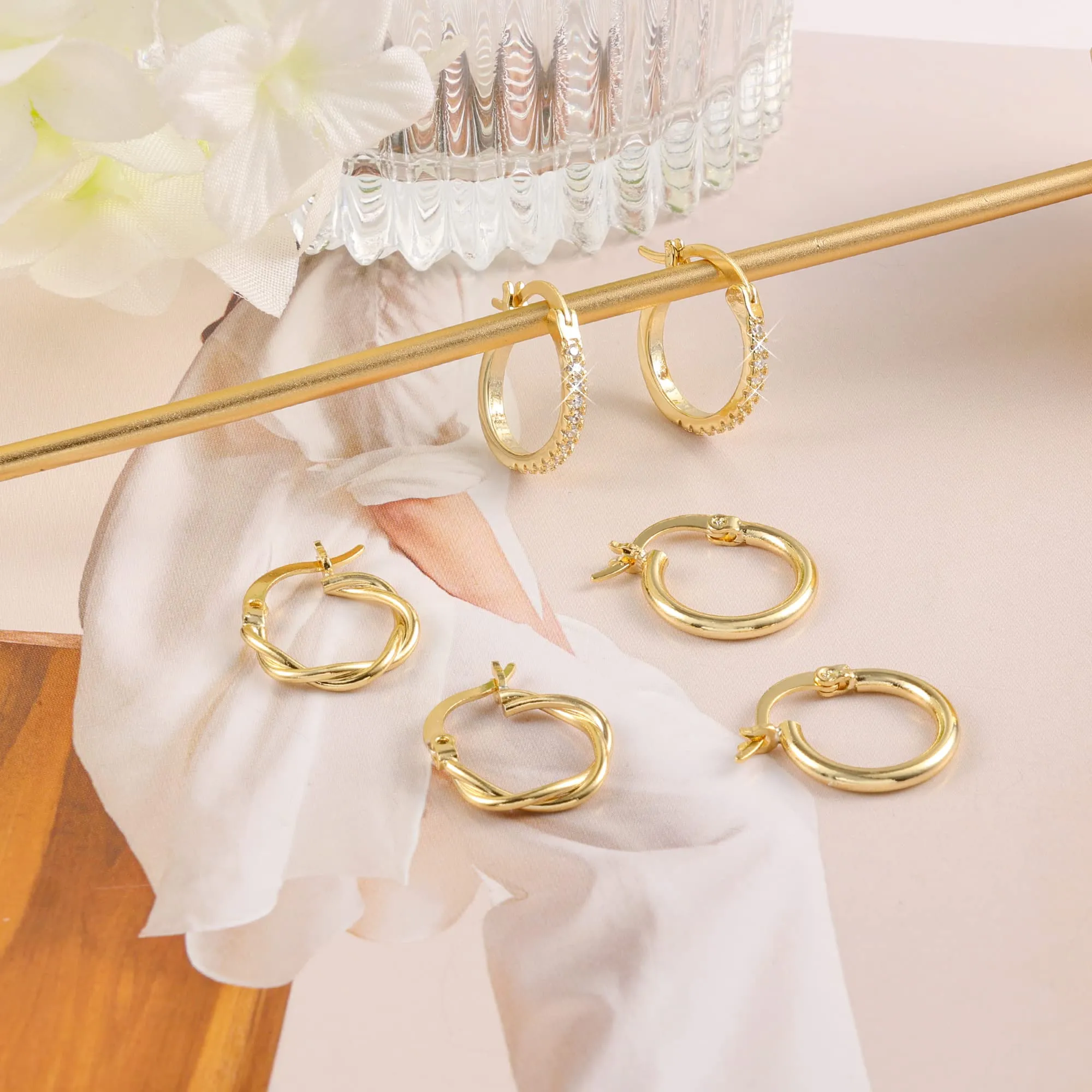 ALEXCRAFT Set 3 Paia Orecchini a Cerchio Donna Oro 14K Lucidi e Intrecciati - immagine 3