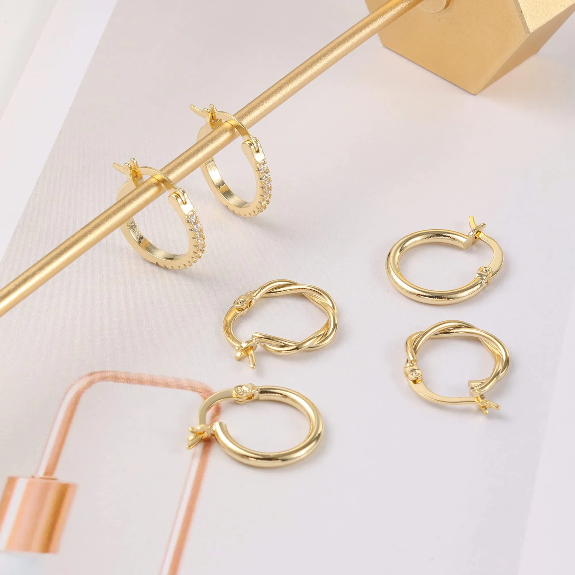 ALEXCRAFT Set 3 Paia Orecchini a Cerchio Donna Oro 14K Lucidi e Intrecciati - immagine 4