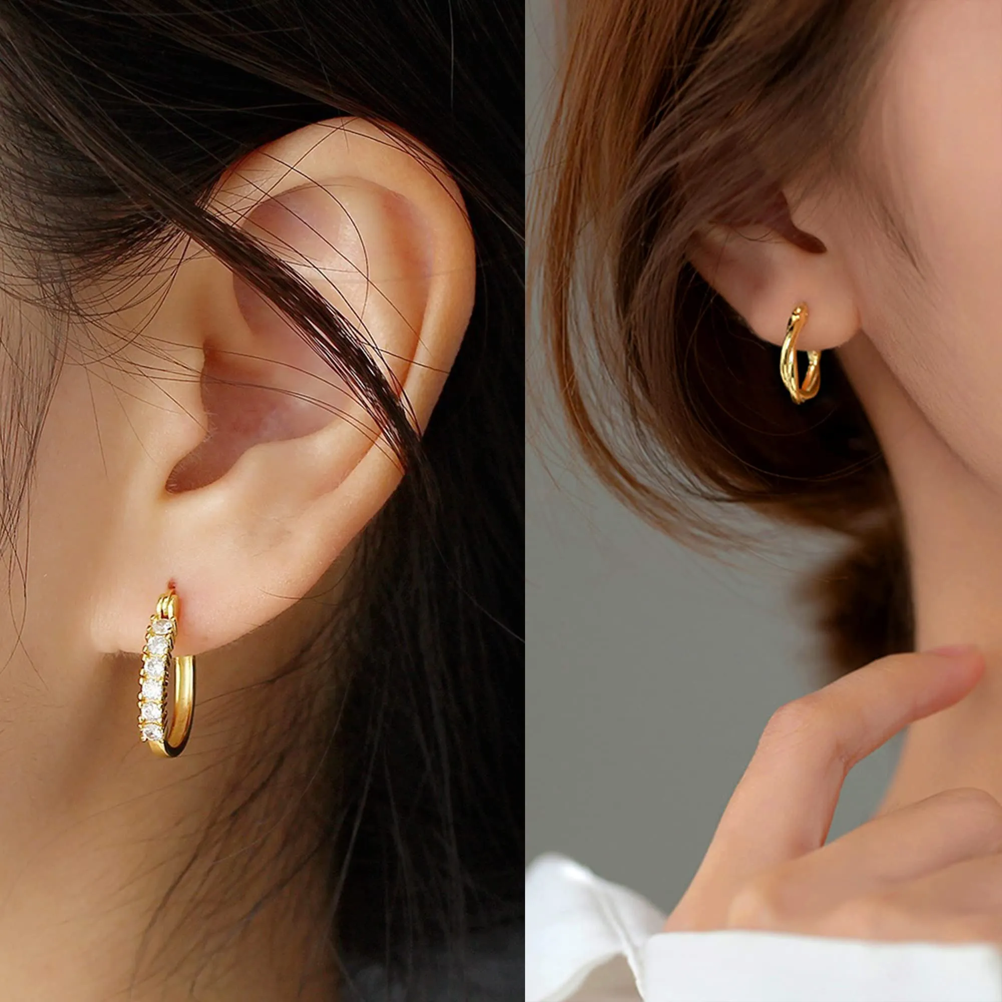 ALEXCRAFT Set 3 Paia Orecchini a Cerchio Donna Oro 14K Lucidi e Intrecciati - immagine 6