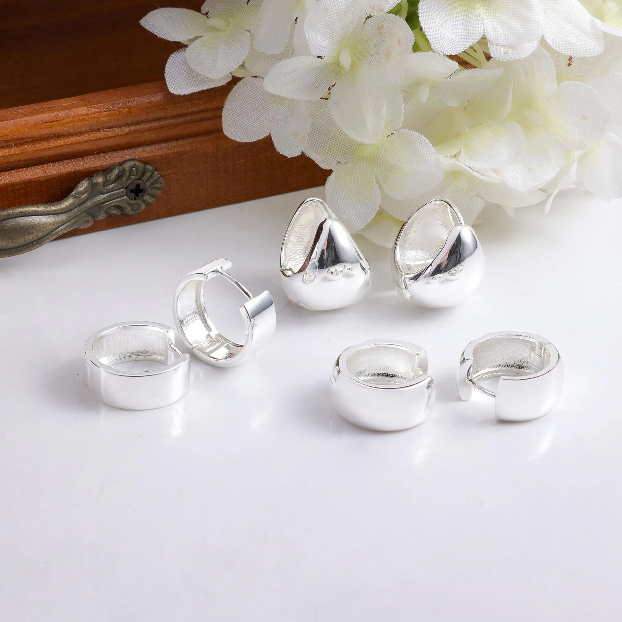 ALEXCRAFT Set 3 Paia Orecchini Cerchio Donna Argento Lucido Spessi Huggie - immagine 2