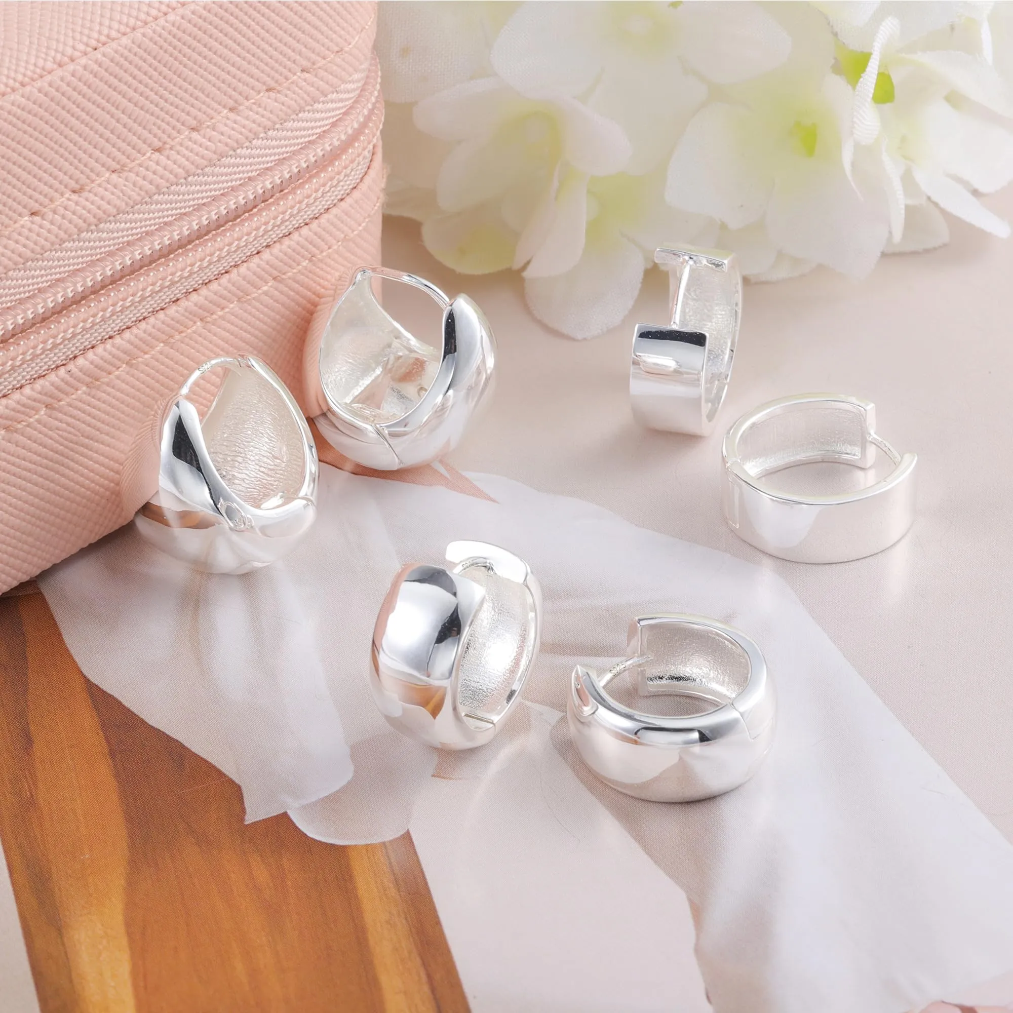 ALEXCRAFT Set 3 Paia Orecchini Cerchio Donna Argento Lucido Spessi Huggie - immagine 3