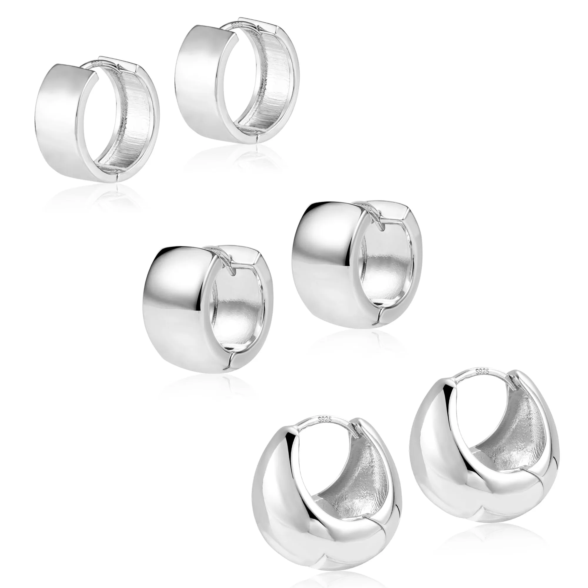 ALEXCRAFT Set 3 Paia Orecchini Cerchio Donna Argento Lucido Spessi Huggie - immagine 7