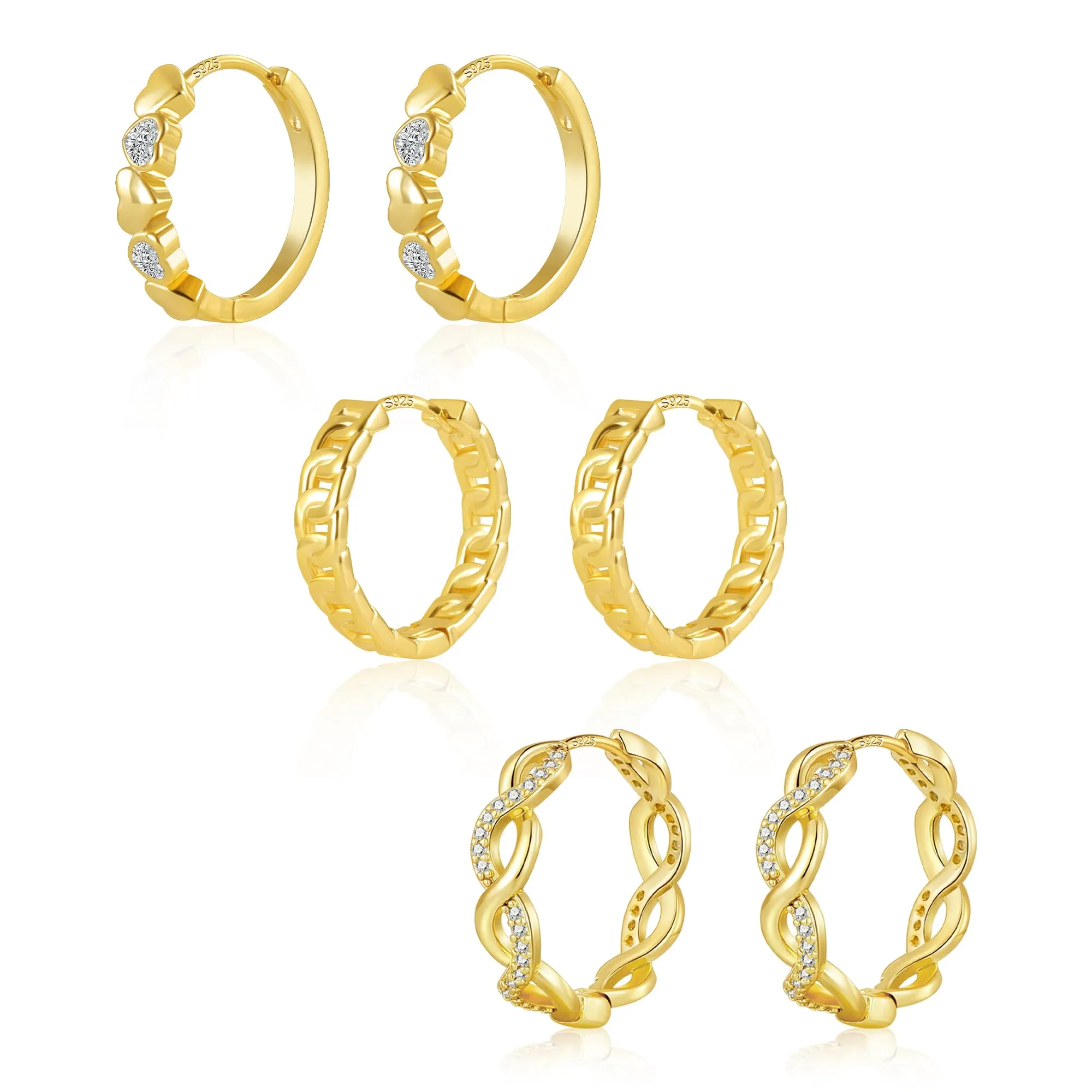 ALEXCRAFT Orecchini a Cerchio Huggie in Oro 14K e Zirconi, Set 3 Paia - immagine 1