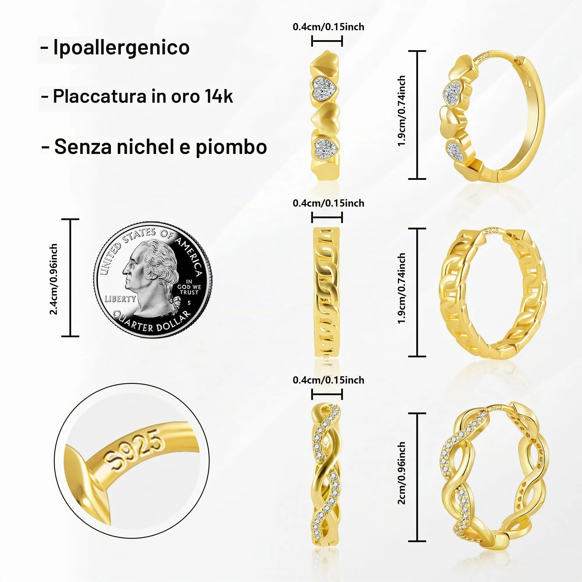 ALEXCRAFT Orecchini a Cerchio Huggie in Oro 14K e Zirconi, Set 3 Paia - immagine 4