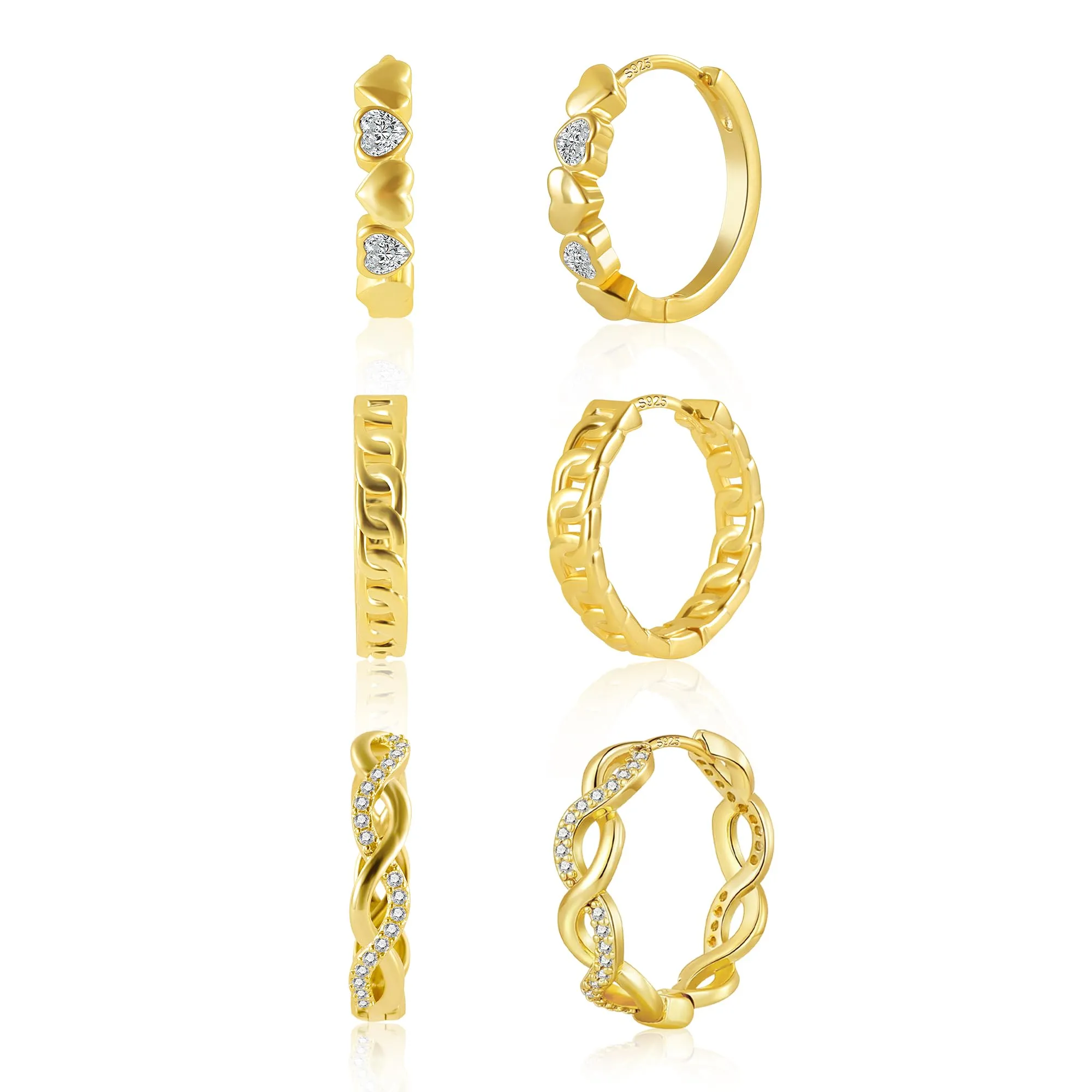 ALEXCRAFT Orecchini a Cerchio Huggie in Oro 14K e Zirconi, Set 3 Paia - immagine 8