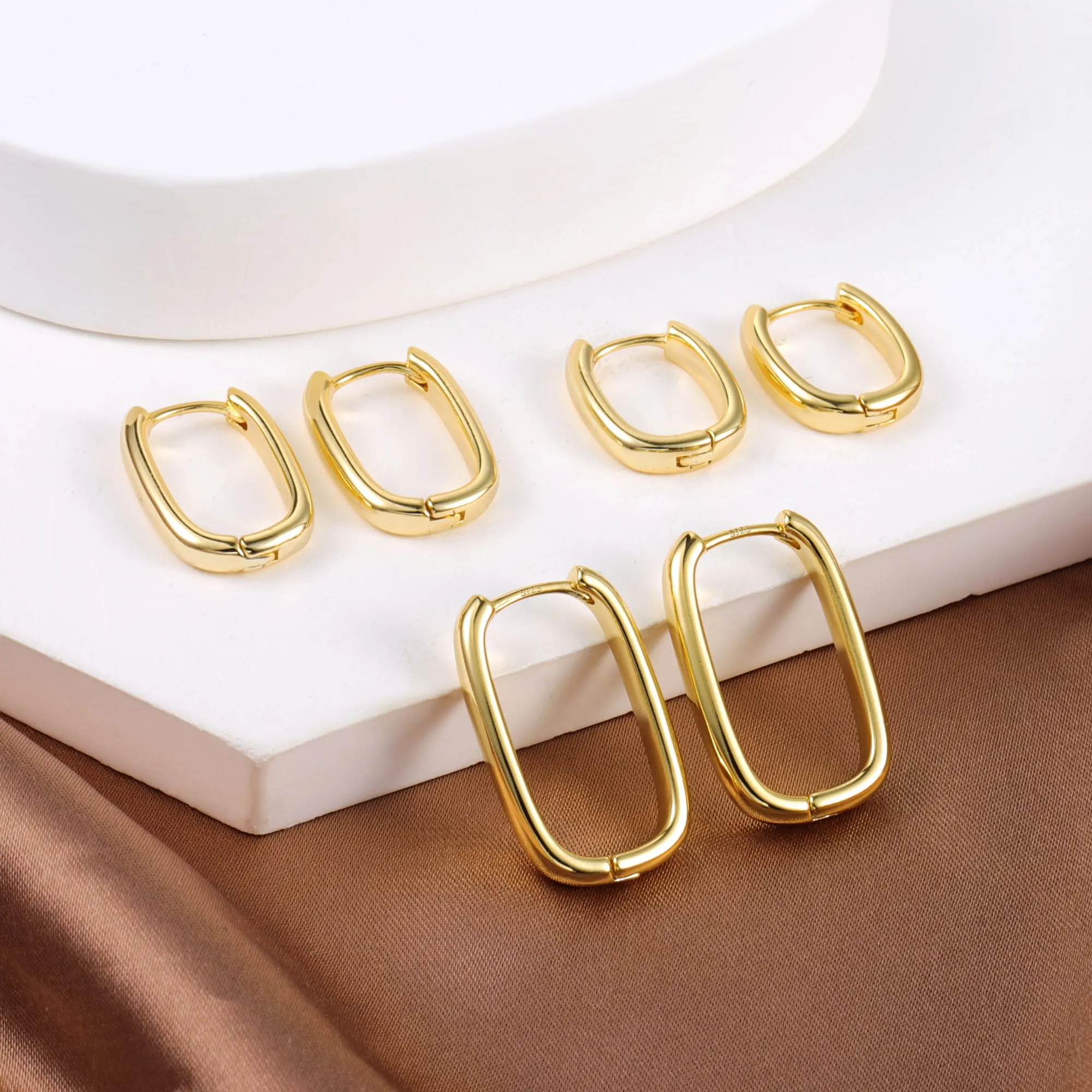 ALEXCRAFT Orecchini a Cerchio Huggie Oro 14K Rettangolari, Set 3 Paia - immagine 2