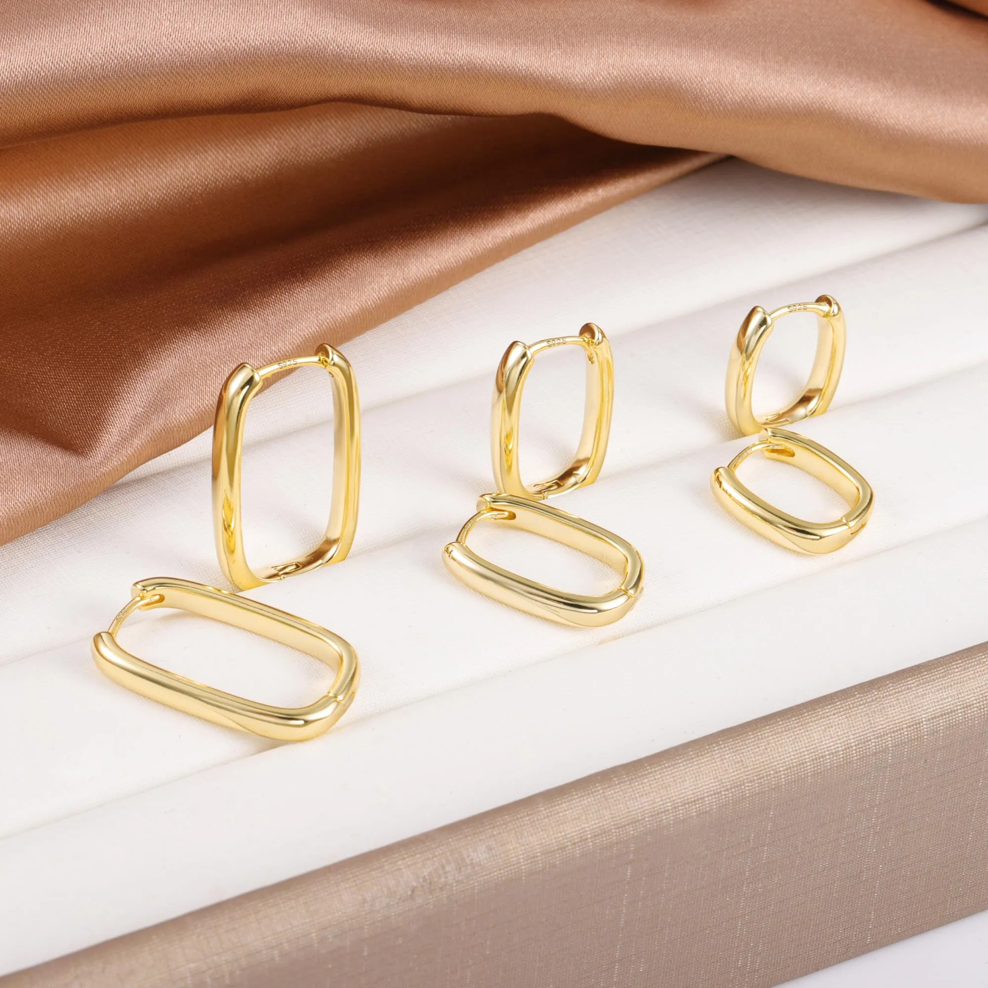 ALEXCRAFT Orecchini a Cerchio Huggie Oro 14K Rettangolari, Set 3 Paia - immagine 3