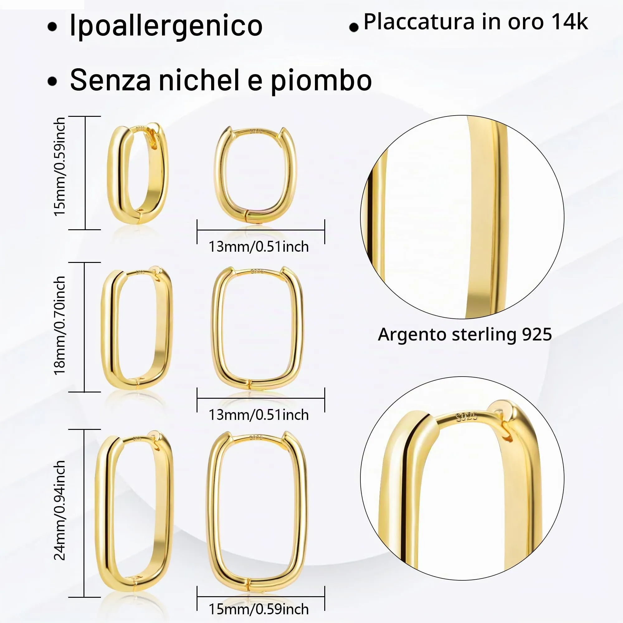 ALEXCRAFT Orecchini a Cerchio Huggie Oro 14K Rettangolari, Set 3 Paia - immagine 4