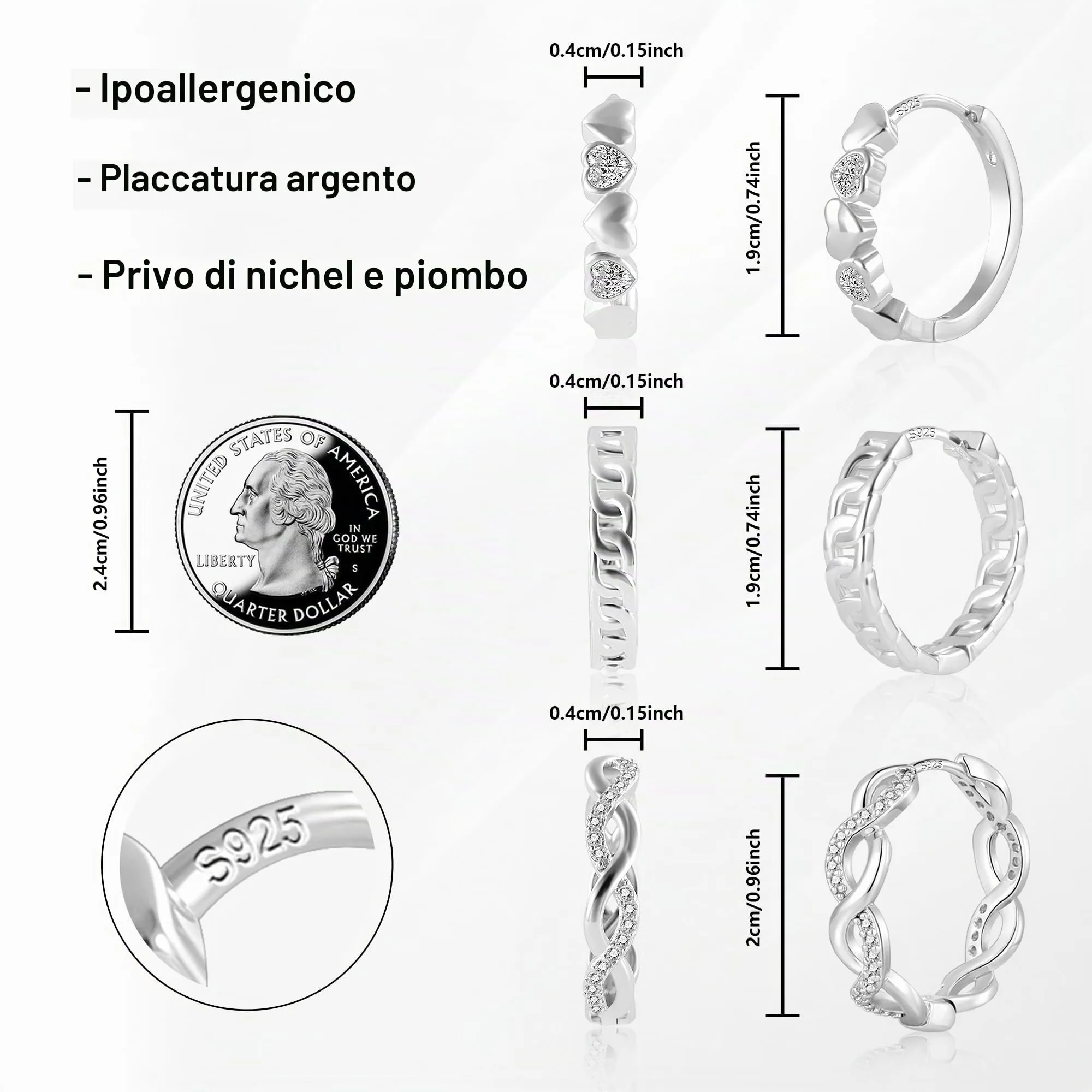 ALEXCRAFT Orecchini a Cerchio Donna Argento Spirale e Zirconi, 3 Paia - immagine 4