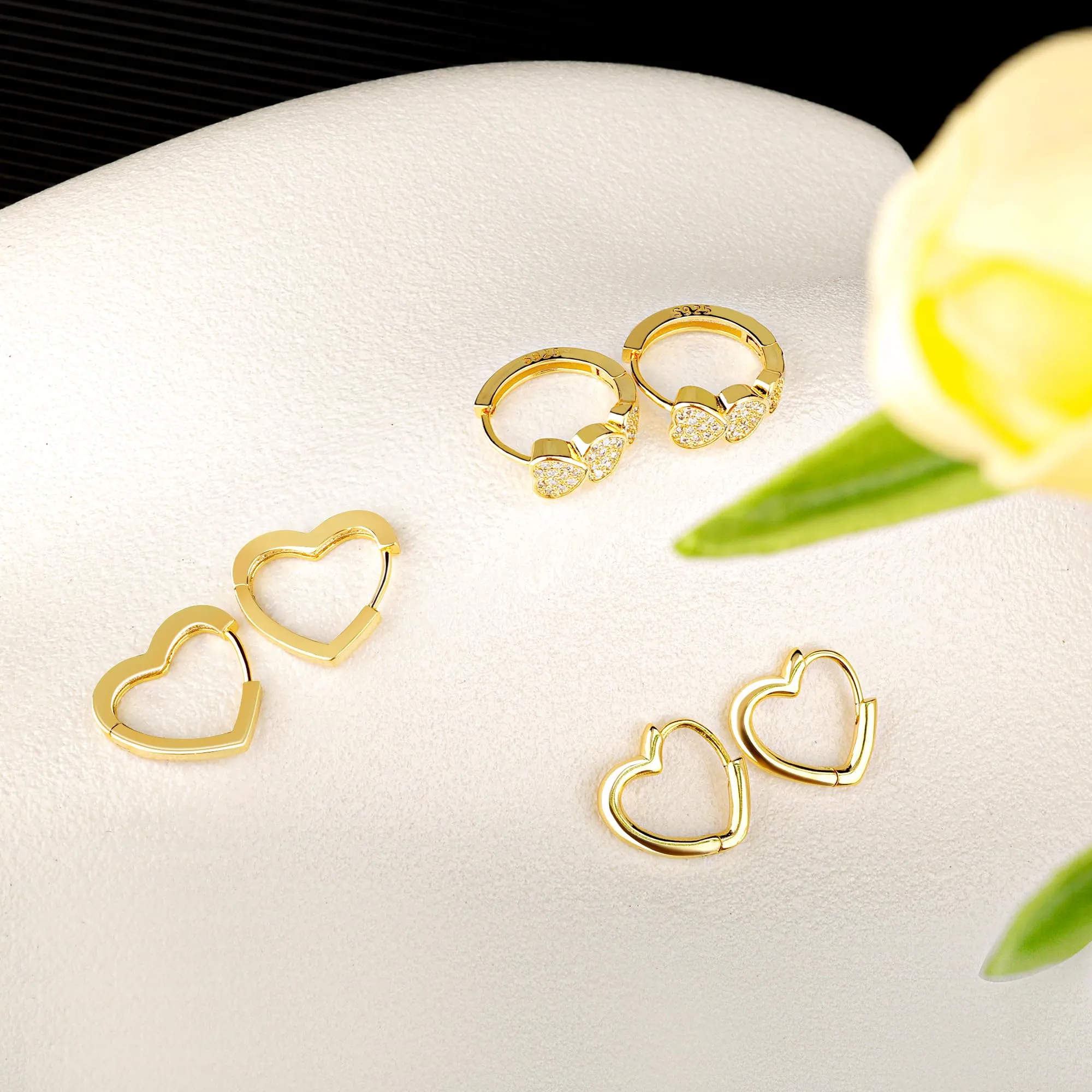 ALEXCRAFT Orecchini a Cerchio Donna Oro 14K Cuore Misti Set 3 Paia - immagine 3