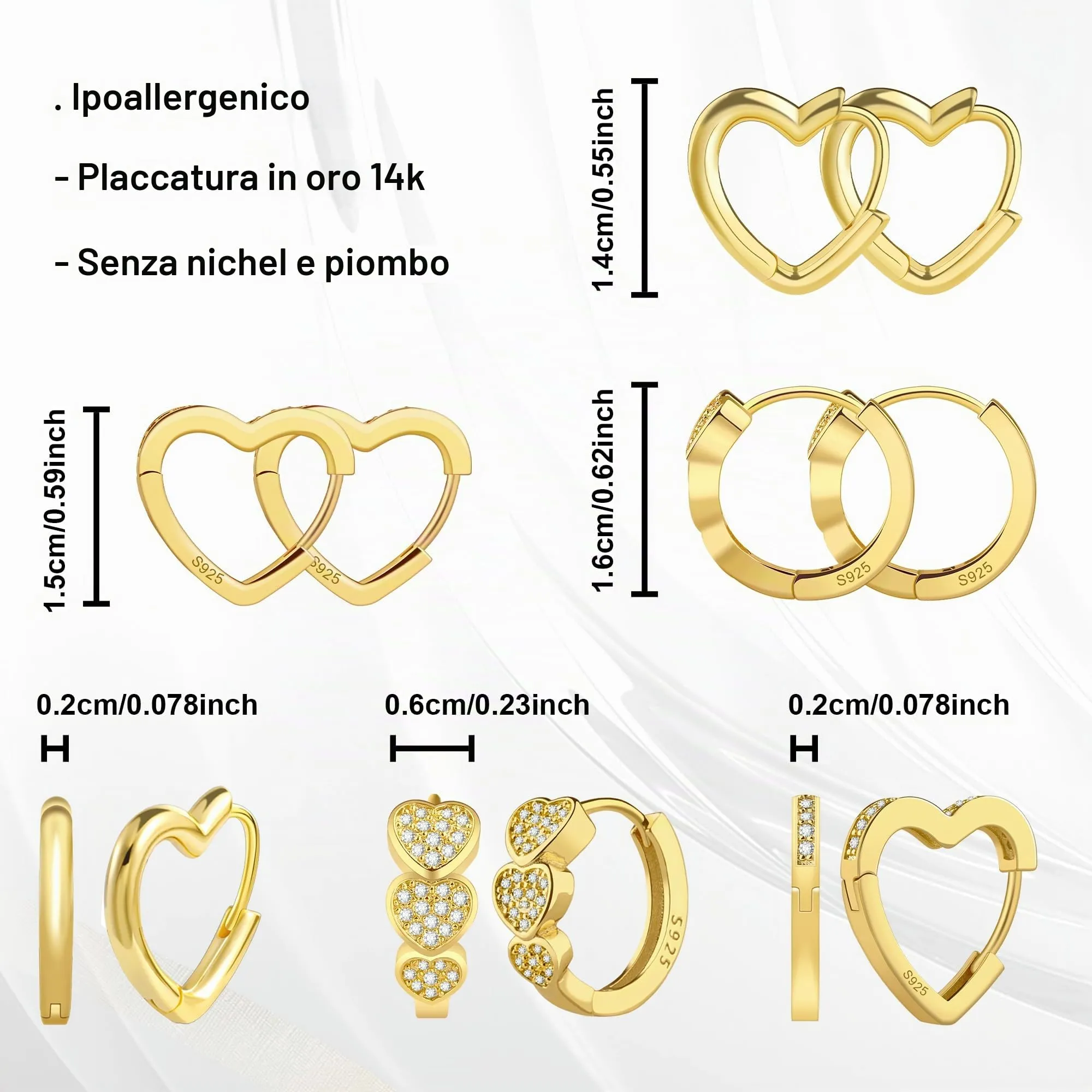 ALEXCRAFT Orecchini a Cerchio Donna Oro 14K Cuore Misti Set 3 Paia - immagine 4