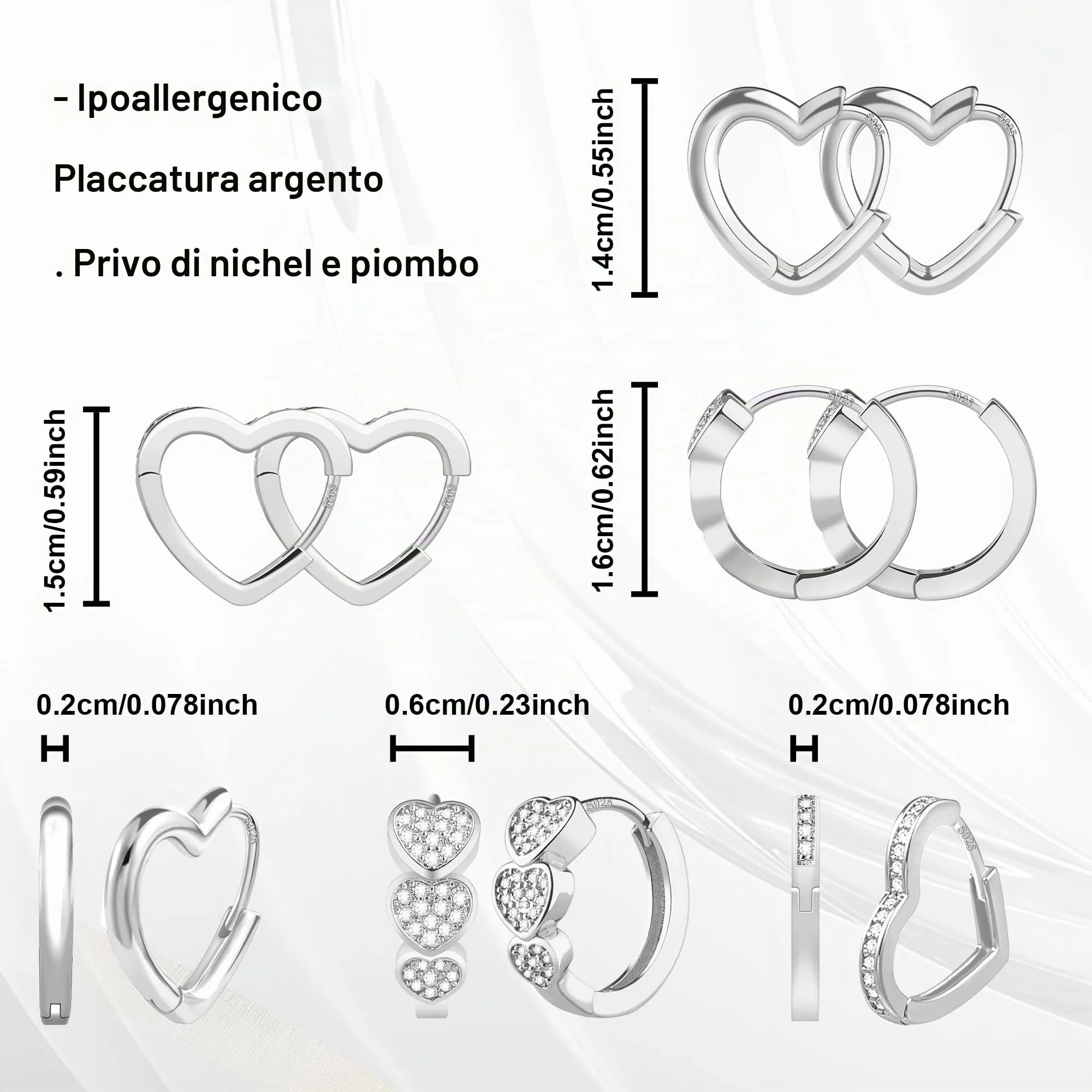 ALEXCRAFT Orecchini a Cerchio Argento Cuore con Zirconi, 3 Paia - immagine 4