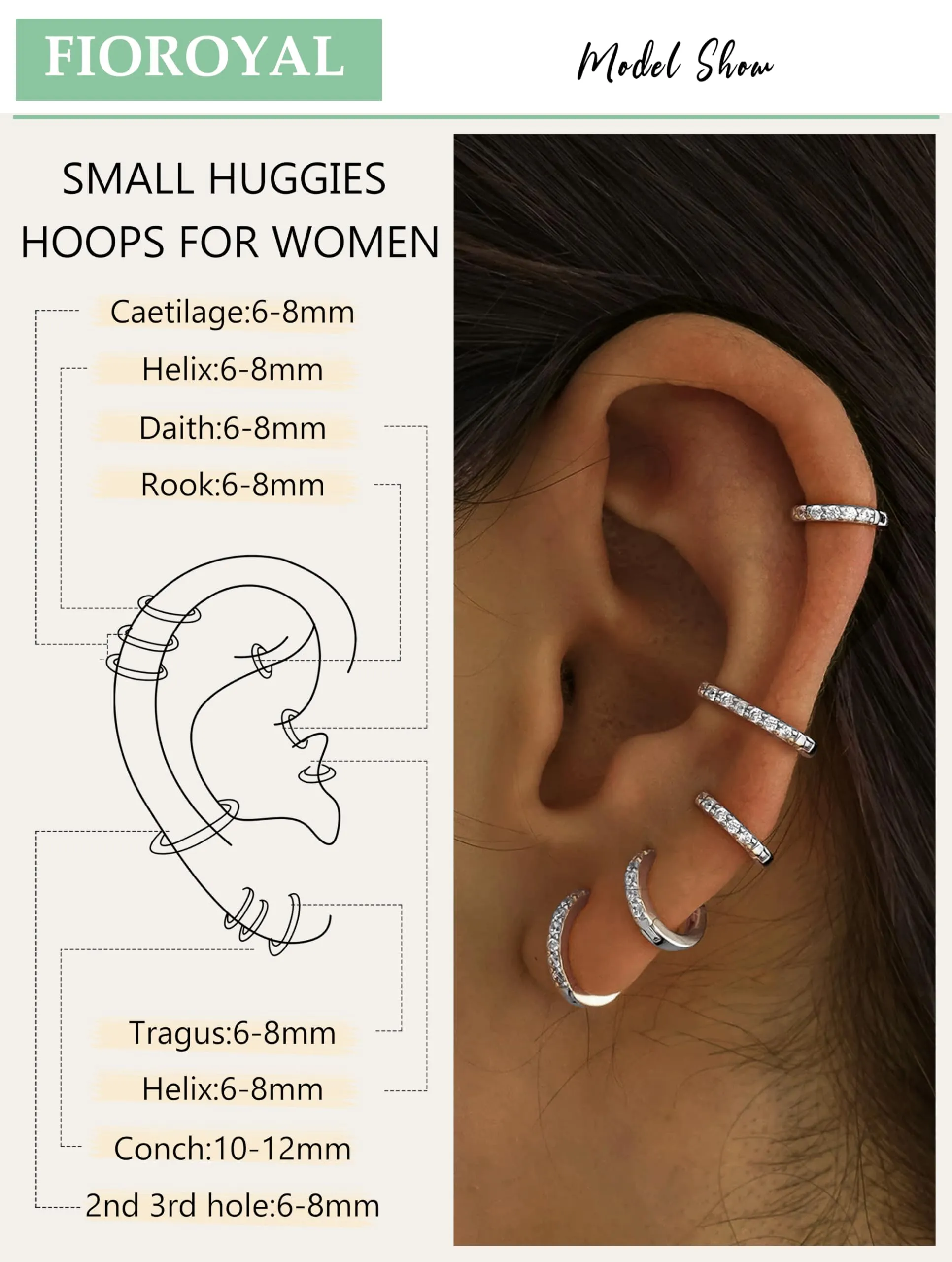 FIOROYAL Set 5 Paia Orecchini a Cerchio Placcati Oro 14K con Zirconi Cubici, 6/7/8/9/10mm - immagine 3