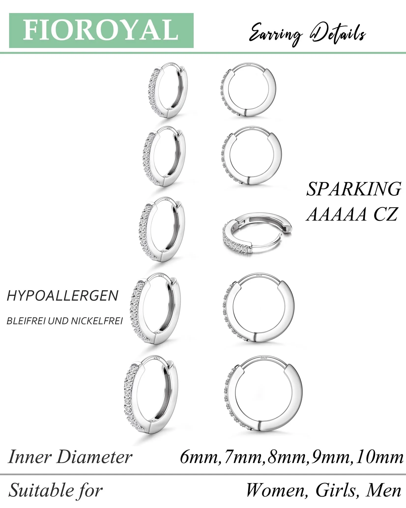 FIOROYAL Set 5 Paia Orecchini a Cerchio Placcati Oro 14K con Zirconi Cubici, 6/7/8/9/10mm - immagine 4