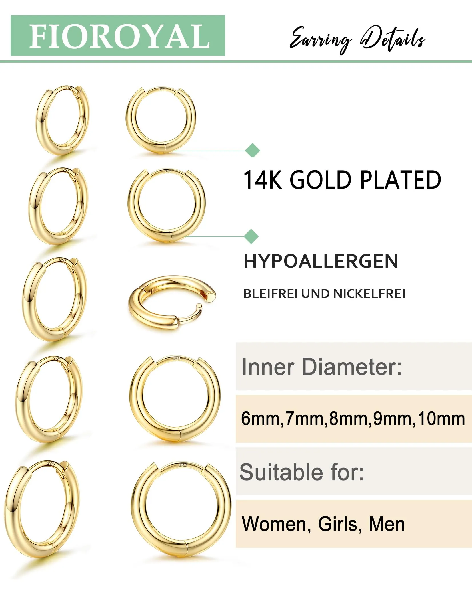 FIOROYAL 5 Paia Orecchini a Cerchio Piccoli Placcati Oro 14K con Zirconi Cubici, 6/7/8/9/10mm - immagine 4