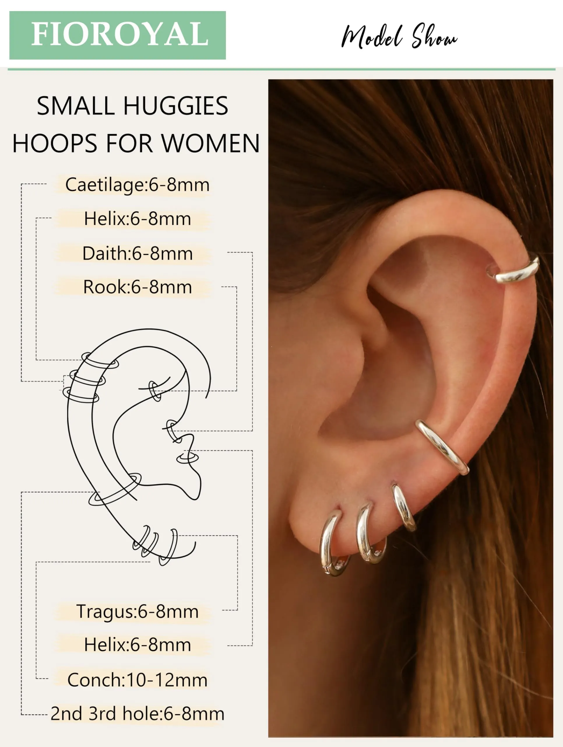 FIOROYAL Set di 5 Paia di Orecchini a Cerchio Piccoli in Oro 14K e Zirconi Cubici, 6/7/8/9/10mm - immagine 3