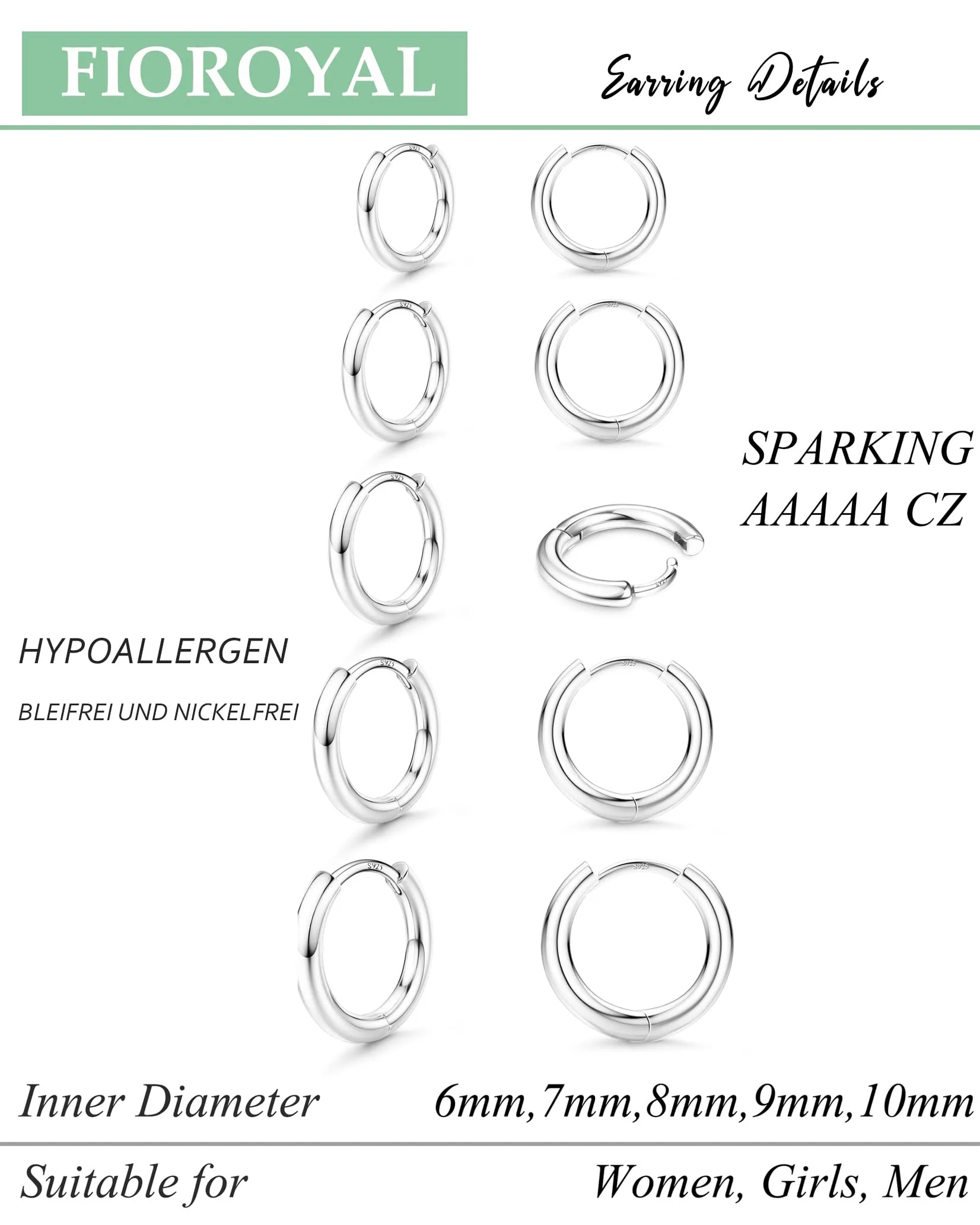 FIOROYAL Set di 5 Paia di Orecchini a Cerchio Piccoli in Oro 14K e Zirconi Cubici, 6/7/8/9/10mm - immagine 4