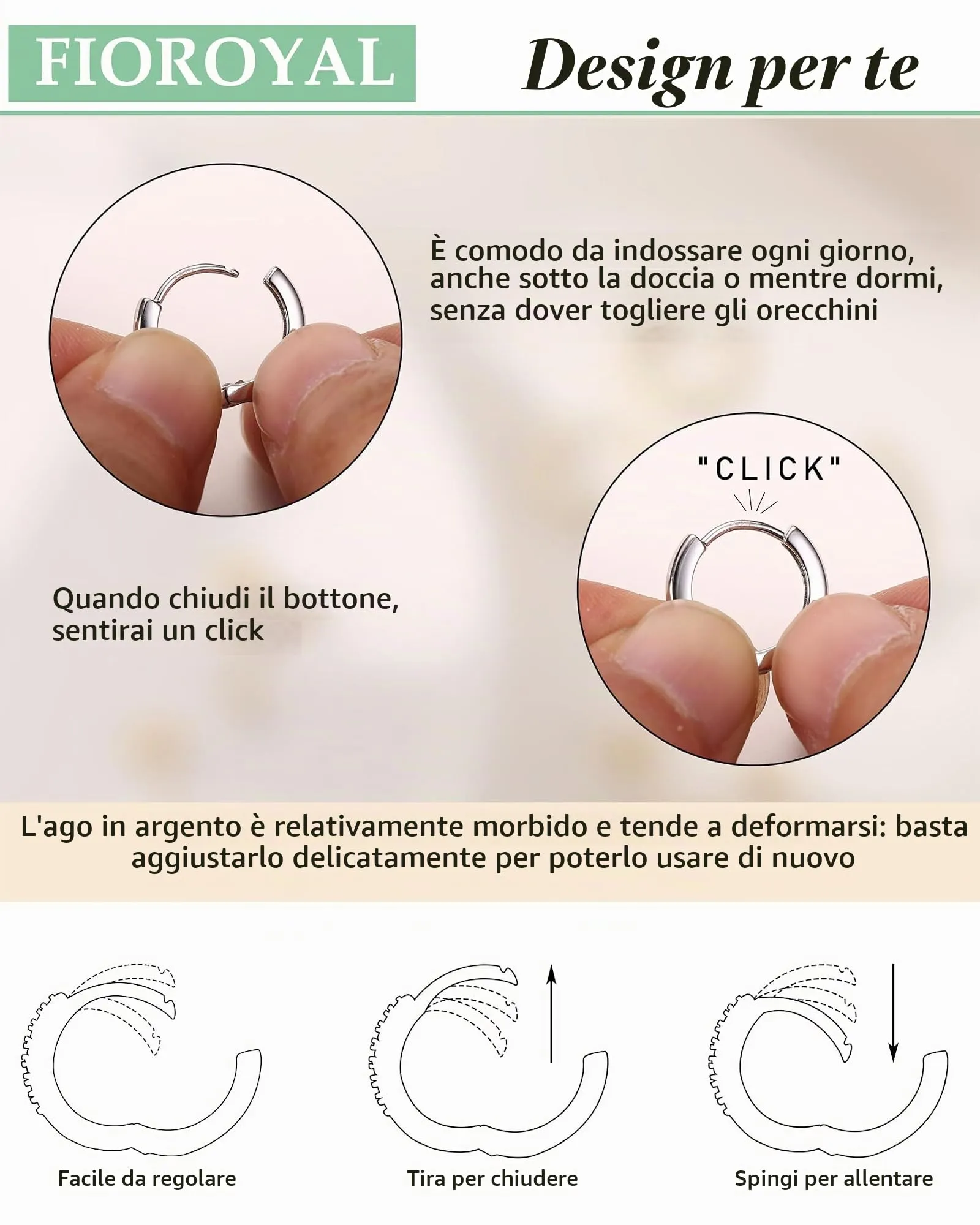 FIOROYAL Set di 5 Paia di Orecchini a Cerchio Piccoli in Oro 14K e Zirconi Cubici, 6/7/8/9/10mm - immagine 5