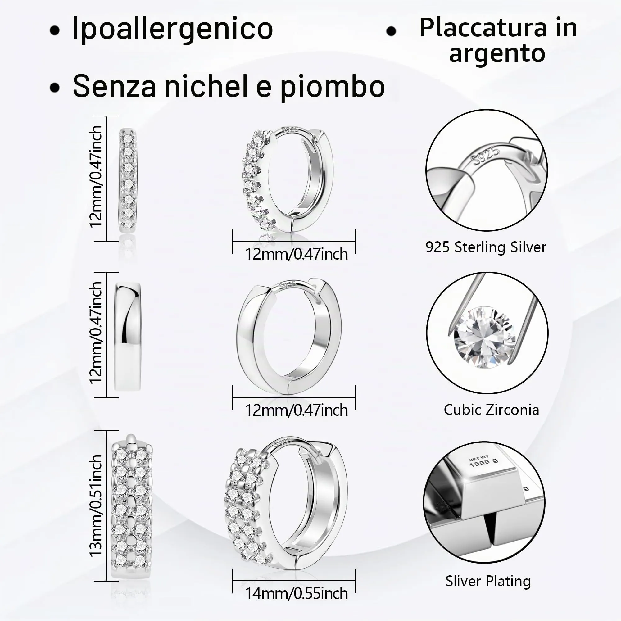 ALEXCRAFT Set Orecchini Donna Cerchio Argento Zirconi Misti, 3 Paia - immagine 4