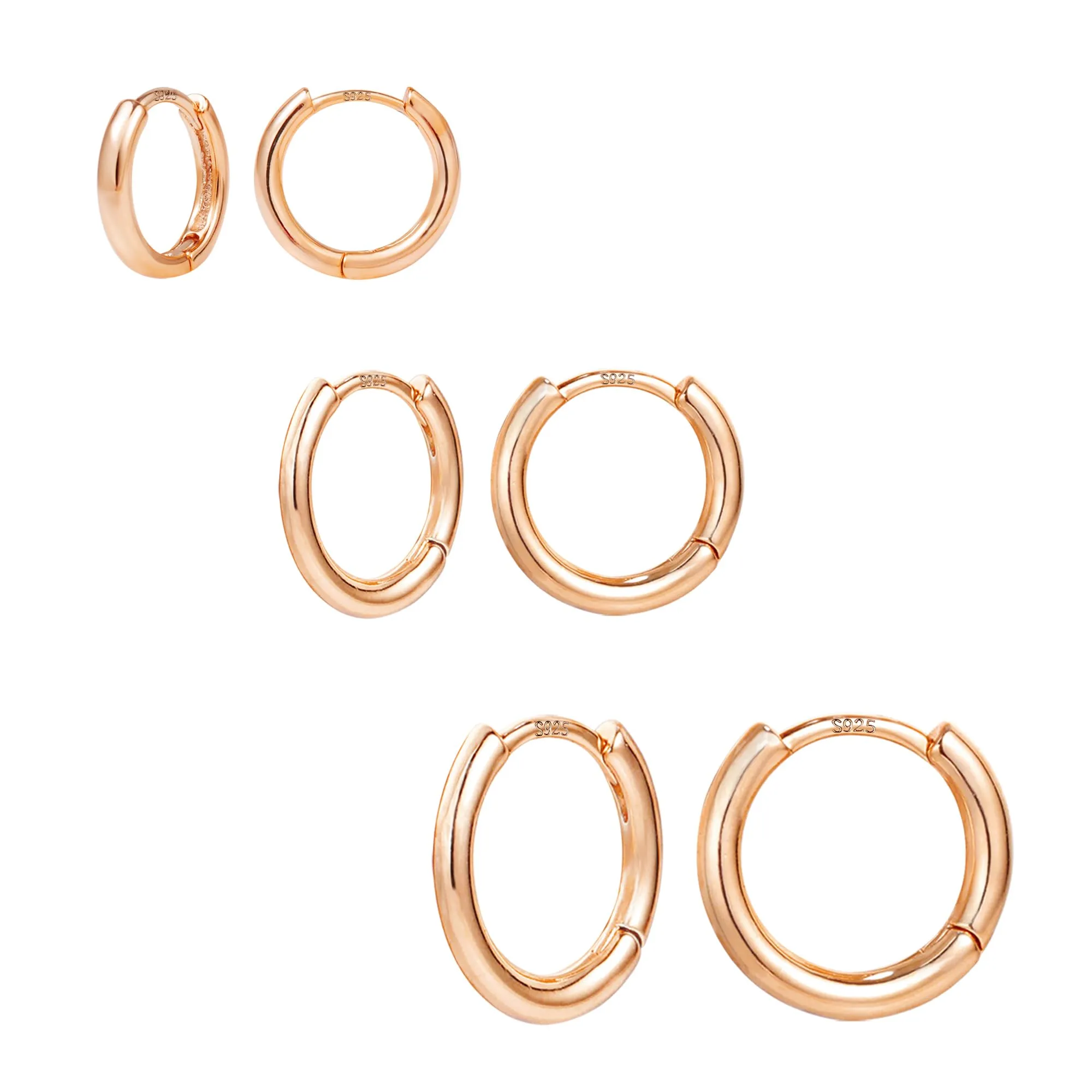 ALEXCRAFT 3 Paia di Orecchini a Cerchio Huggie Oro Rosa Lucido, 10mm 12mm 15mm - immagine 1