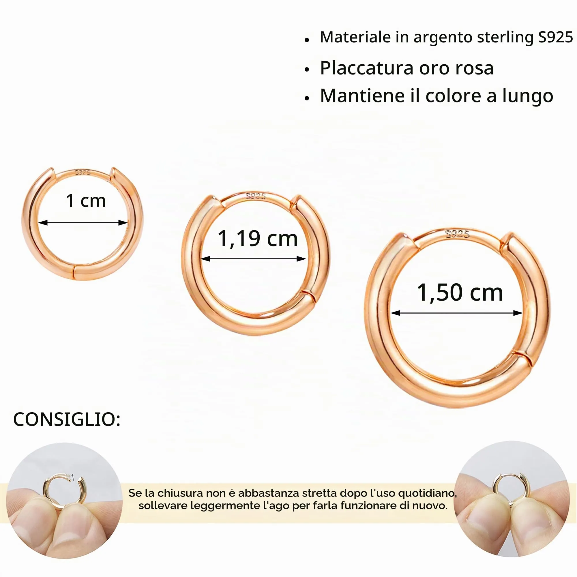 ALEXCRAFT 3 Paia di Orecchini a Cerchio Huggie Oro Rosa Lucido, 10mm 12mm 15mm - immagine 5