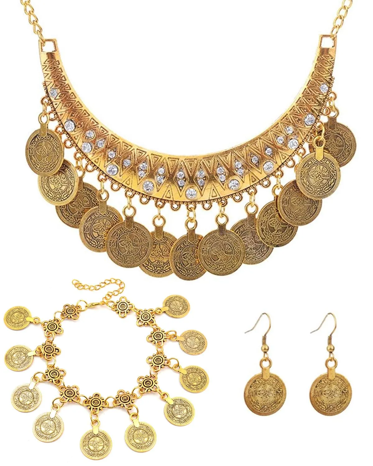 JEXOWIQ Set di Gioielli Danza del Ventre 4 Pezzi, Collana, Bracciale e Orecchini con Monete, Oro - immagine 1