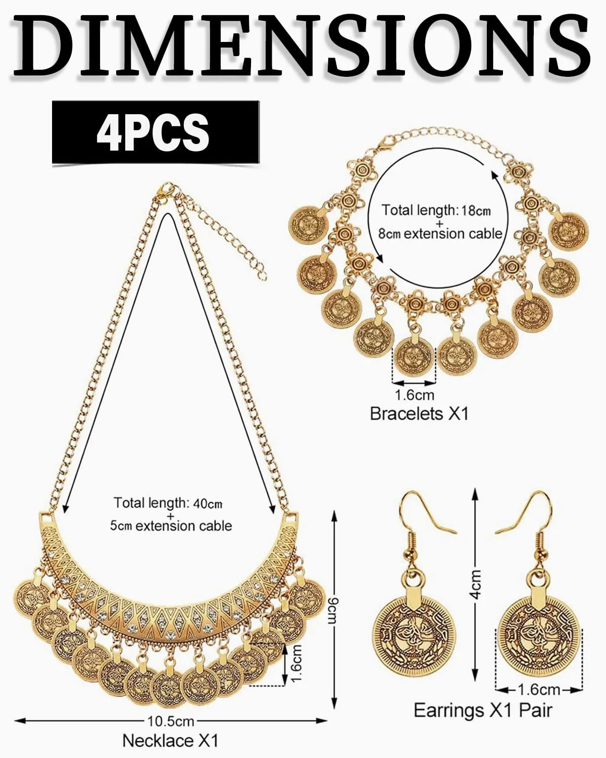 JEXOWIQ Set di Gioielli Danza del Ventre 4 Pezzi, Collana, Bracciale e Orecchini con Monete, Oro - immagine 2
