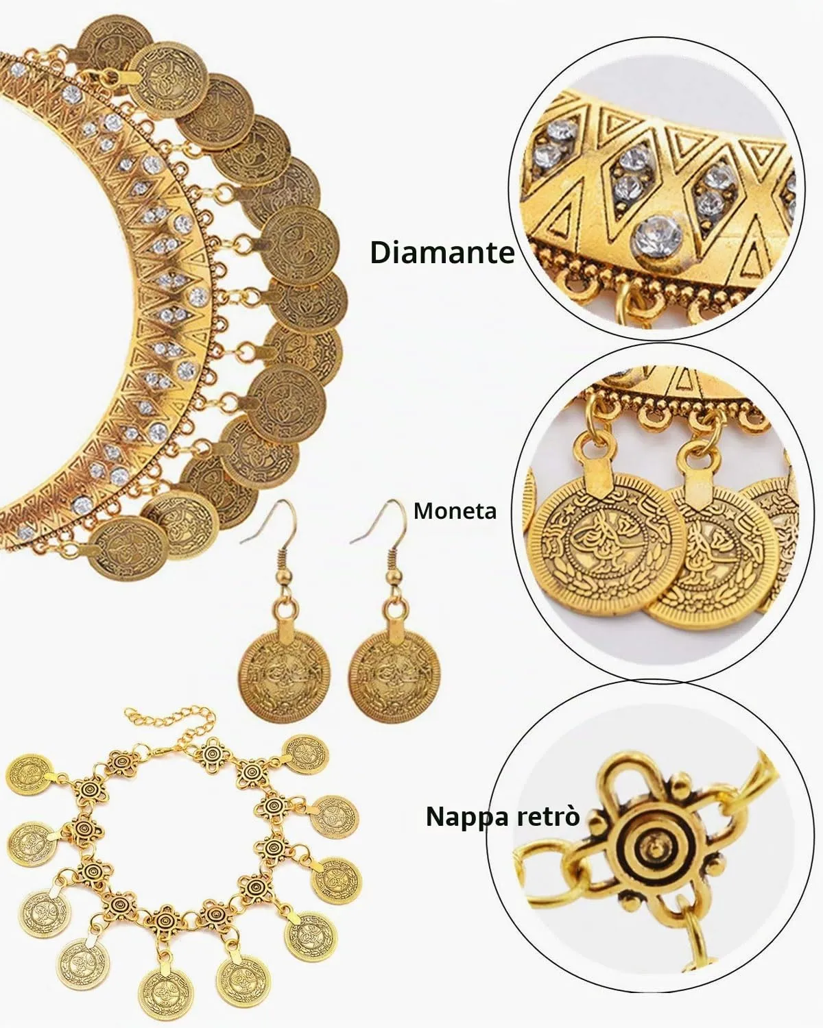 JEXOWIQ Set di Gioielli Danza del Ventre 4 Pezzi, Collana, Bracciale e Orecchini con Monete, Oro - immagine 3