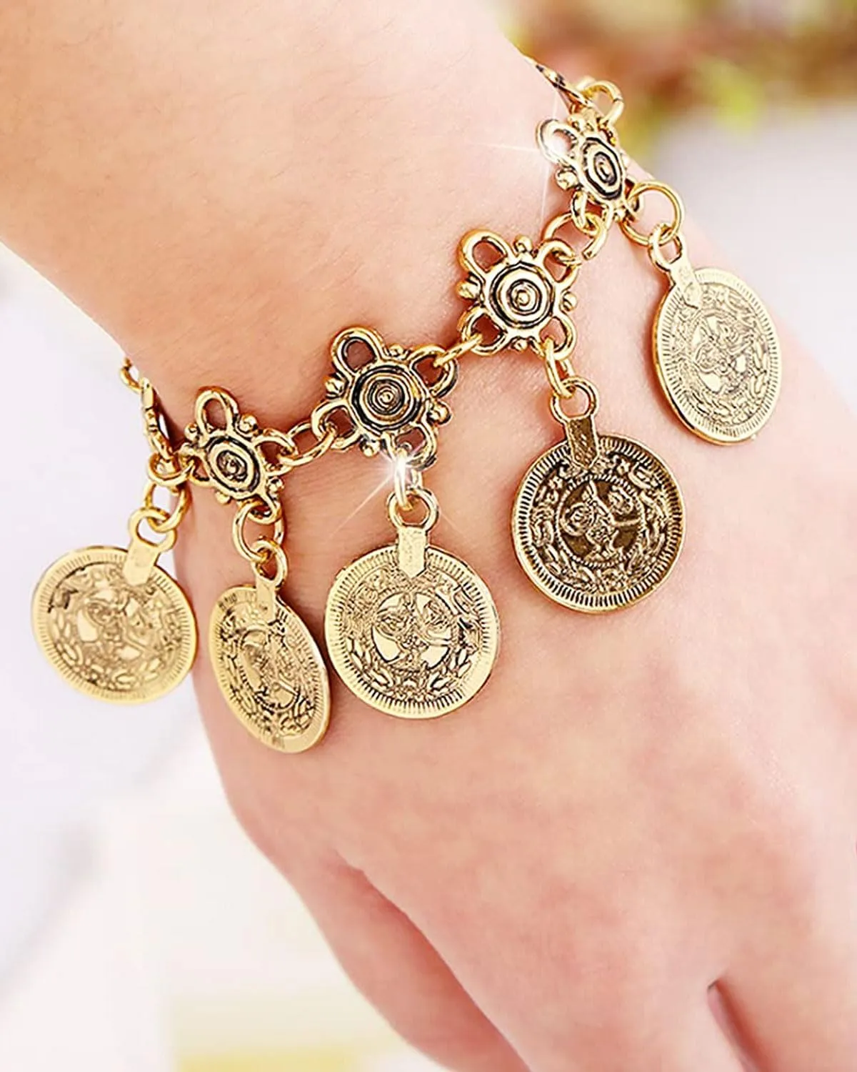 JEXOWIQ Set di Gioielli Danza del Ventre 4 Pezzi, Collana, Bracciale e Orecchini con Monete, Oro - immagine 4