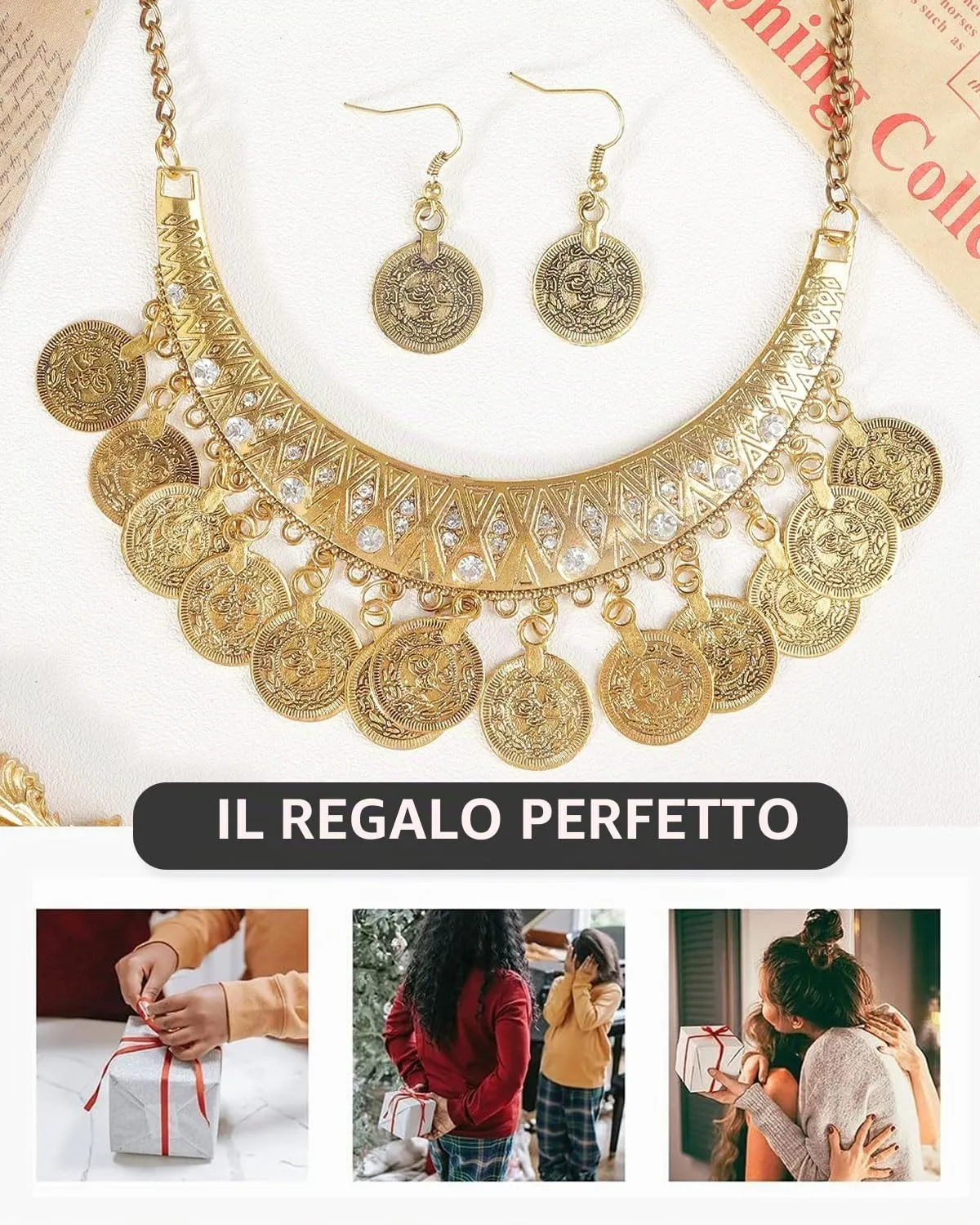 JEXOWIQ Set di Gioielli Danza del Ventre 4 Pezzi, Collana, Bracciale e Orecchini con Monete, Oro - immagine 6