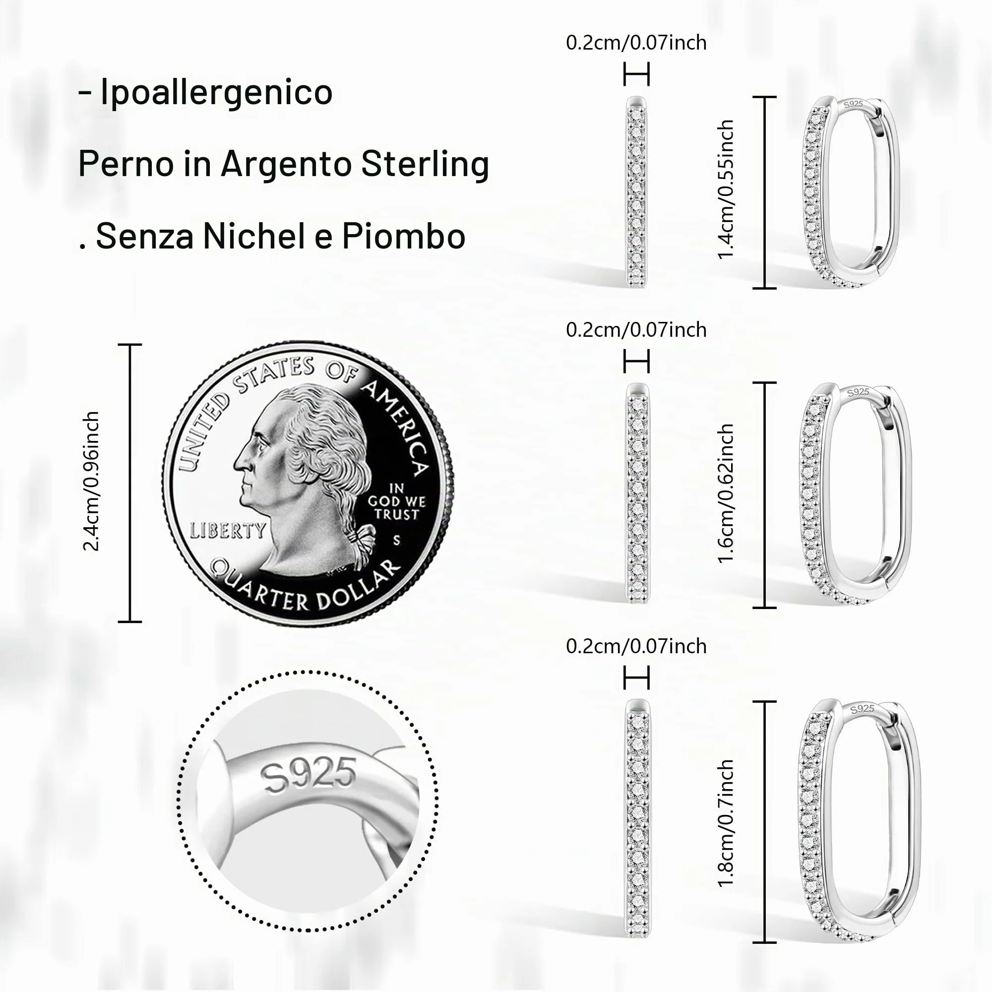 ALEXCRAFT Orecchini Creoli Huggie Rettangolari in Argento con Zirconi, Set Multimisura (10x12mm, 10x14mm, 10x16mm) - immagine 4
