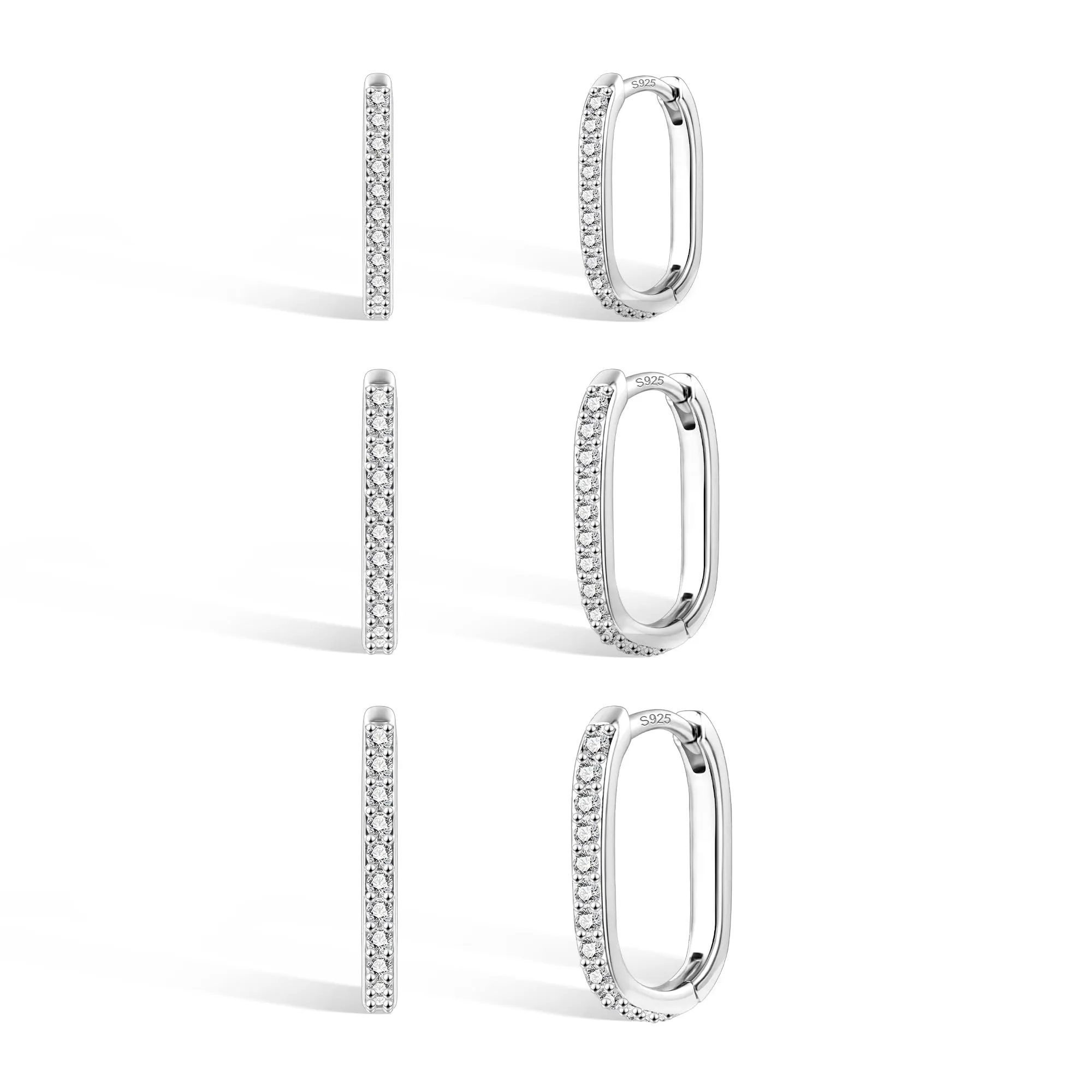 ALEXCRAFT Orecchini Creoli Huggie Rettangolari in Argento con Zirconi, Set Multimisura (10x12mm, 10x14mm, 10x16mm) - immagine 7