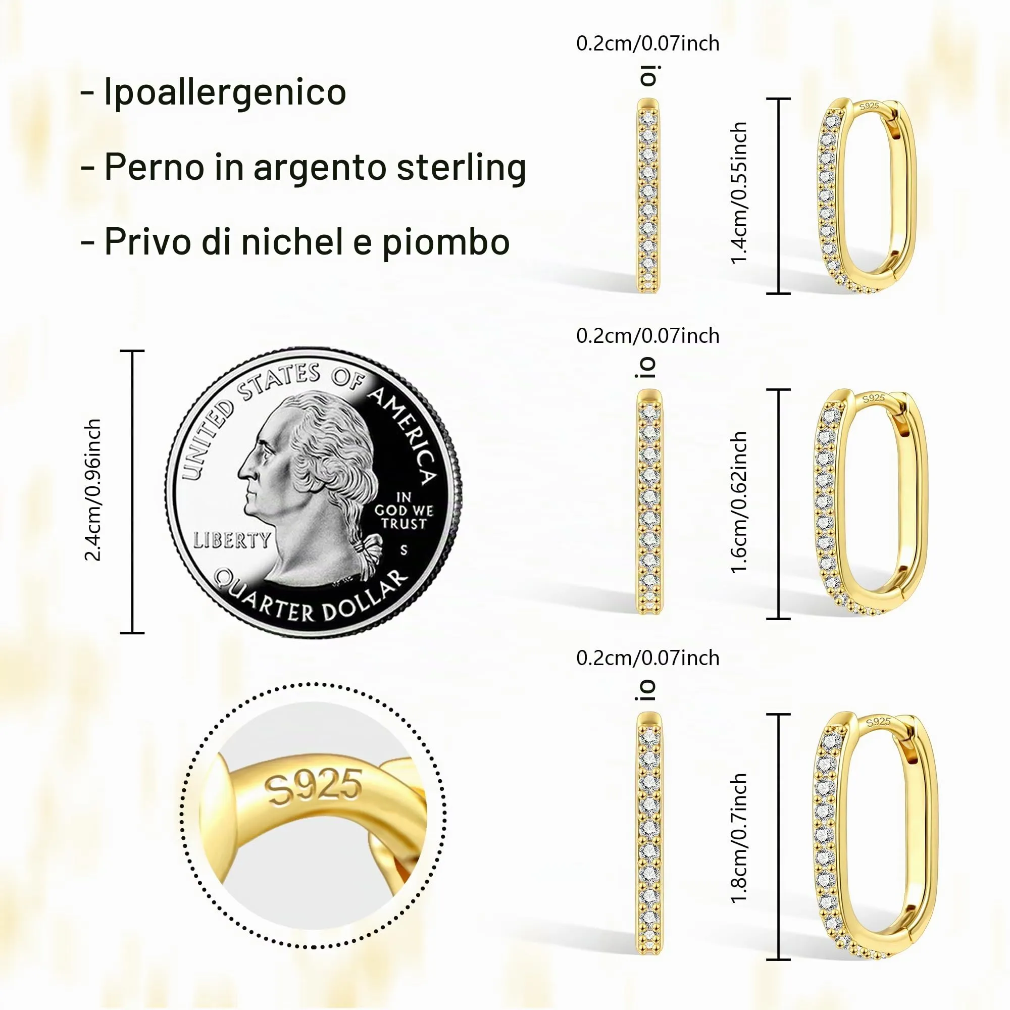 ALEXCRAFT Set di 3 Paia di Orecchini a Cerchio Rettangolari in Oro 14K con Zirconi - immagine 4