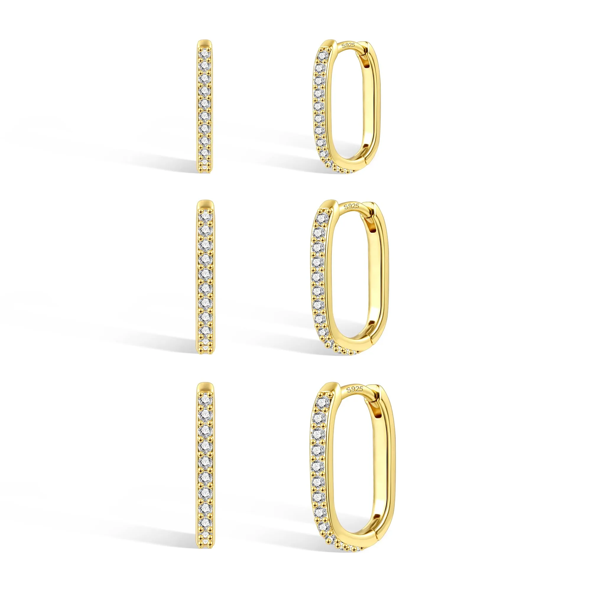 ALEXCRAFT Set di 3 Paia di Orecchini a Cerchio Rettangolari in Oro 14K con Zirconi - immagine 7