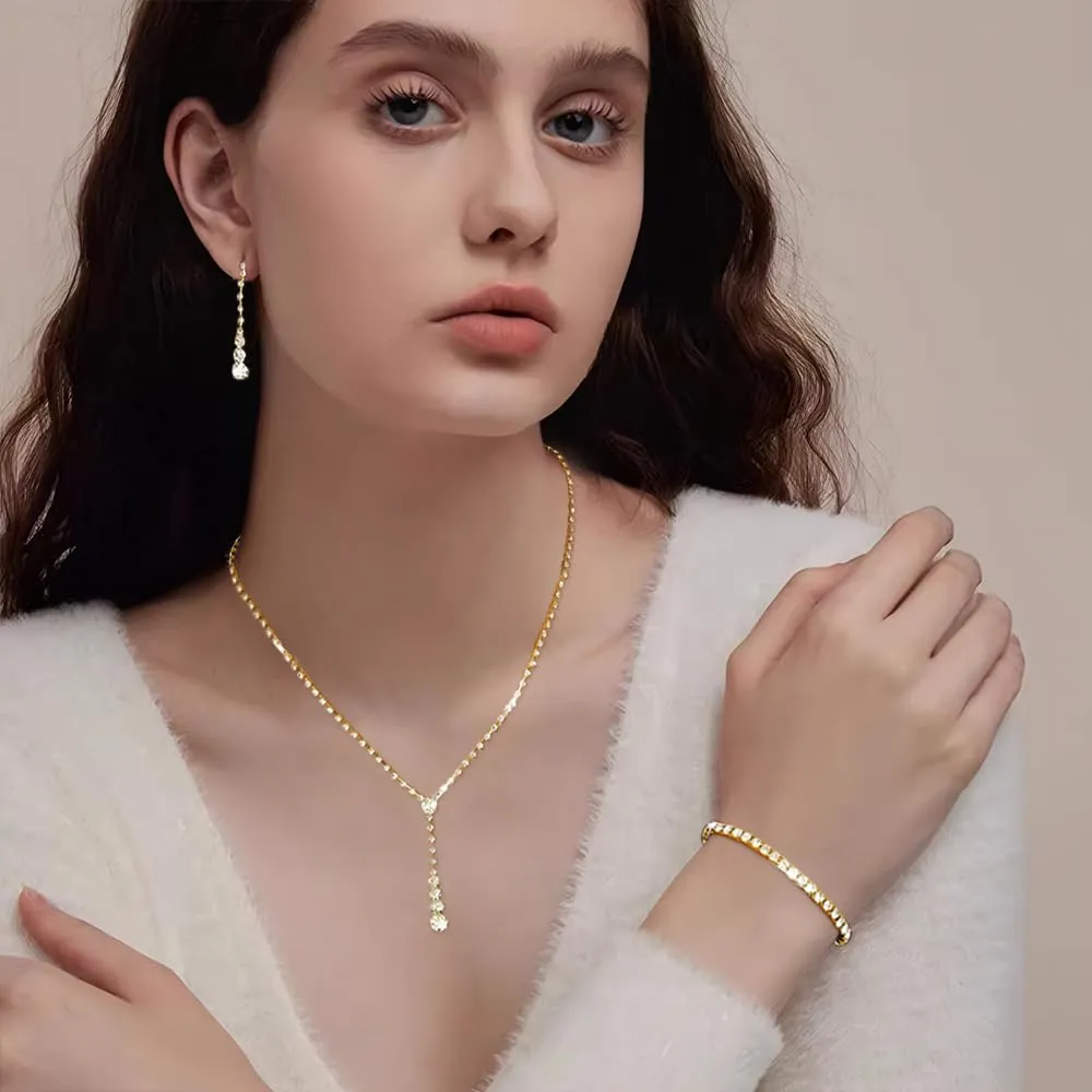 XFSRG Set di Gioielli Donna con Collana, Orecchini e Bracciale in Strass e Zirconi (Oro) - immagine 4