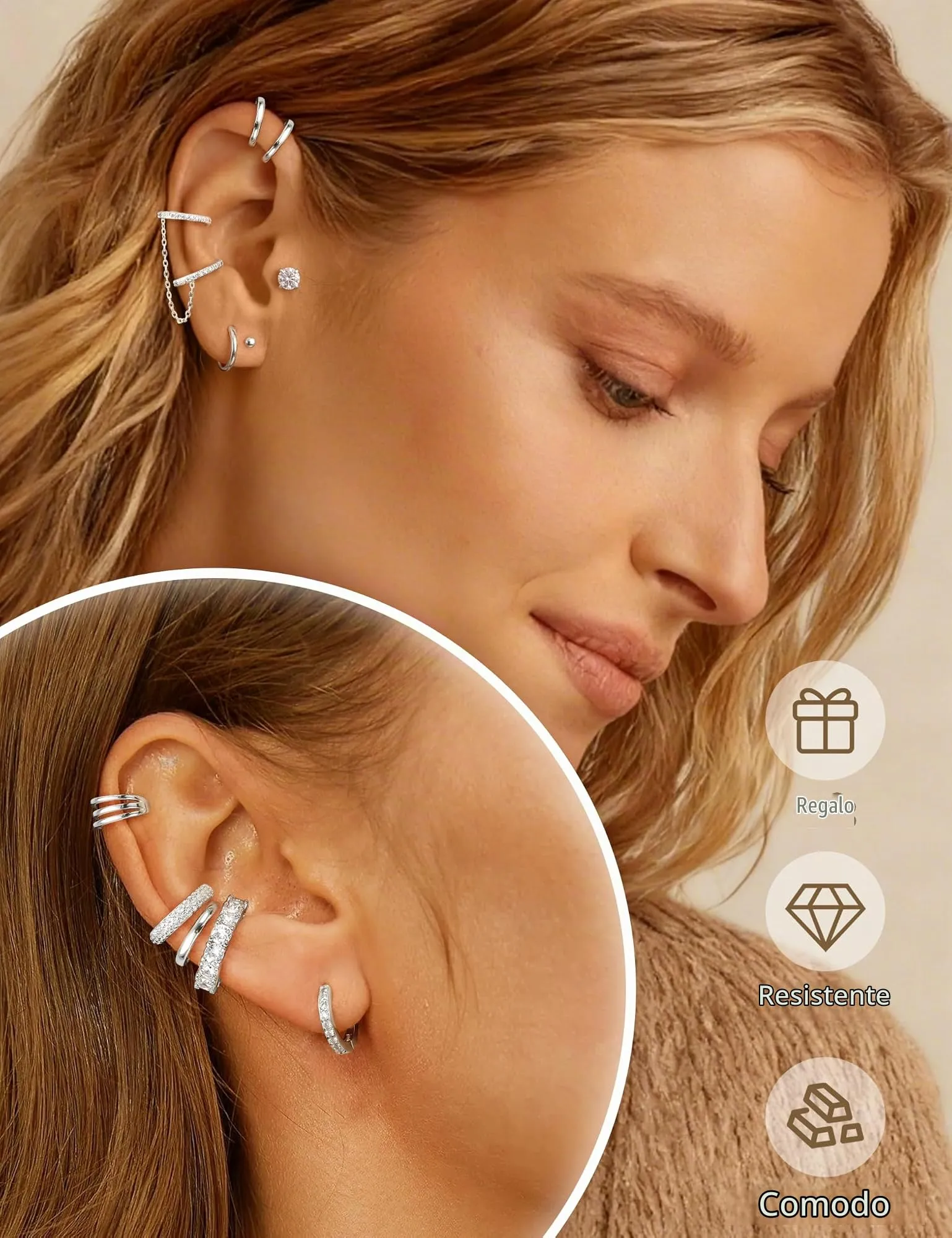 Morfetto Ear Cuff Orecchini Senza Buco Donna Regolabili Ipoallergenici per Cartilagine Helix Argento CZ - immagine 4