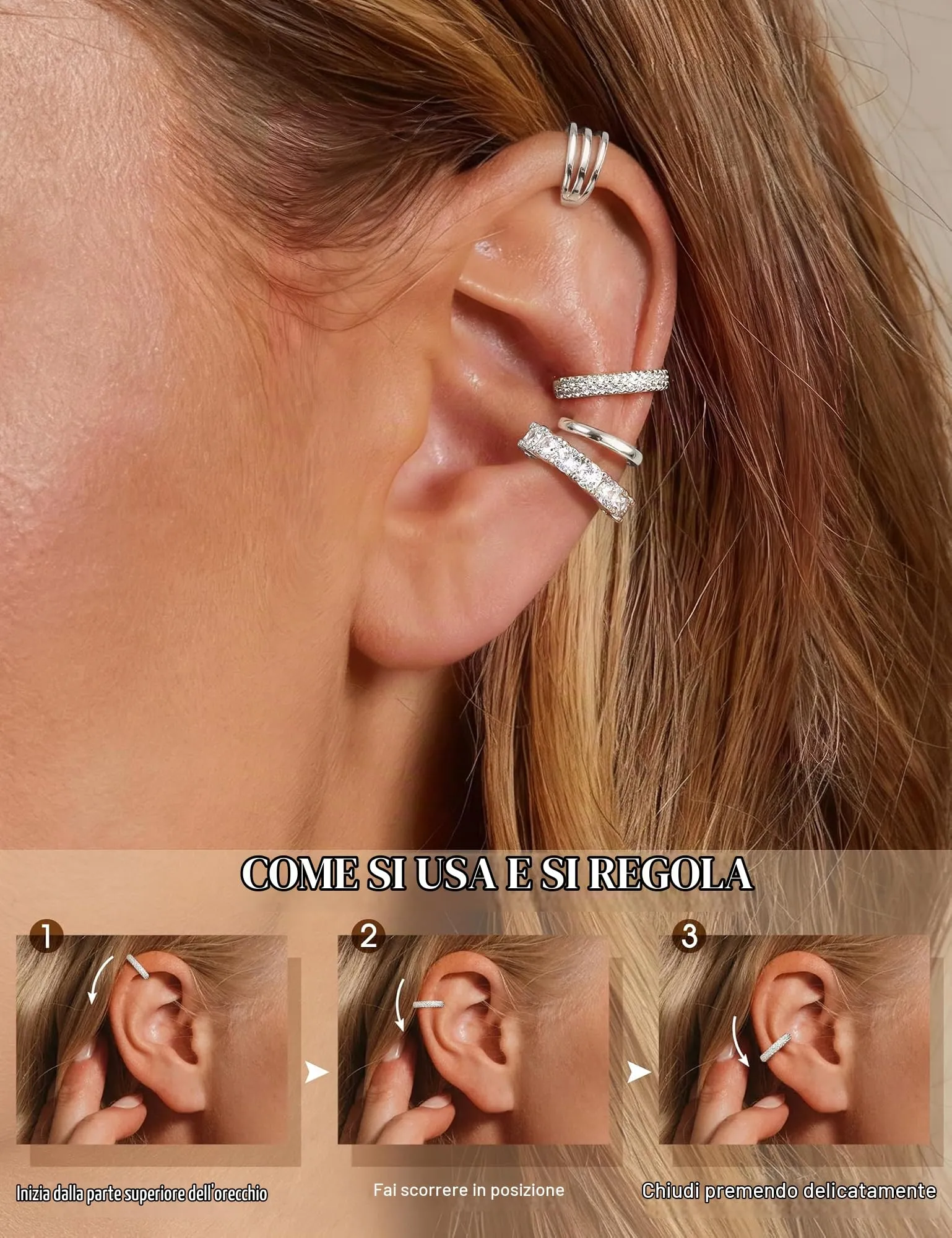 Morfetto Ear Cuff Orecchini Senza Buco Donna Regolabili Ipoallergenici per Cartilagine Helix Argento CZ - immagine 5
