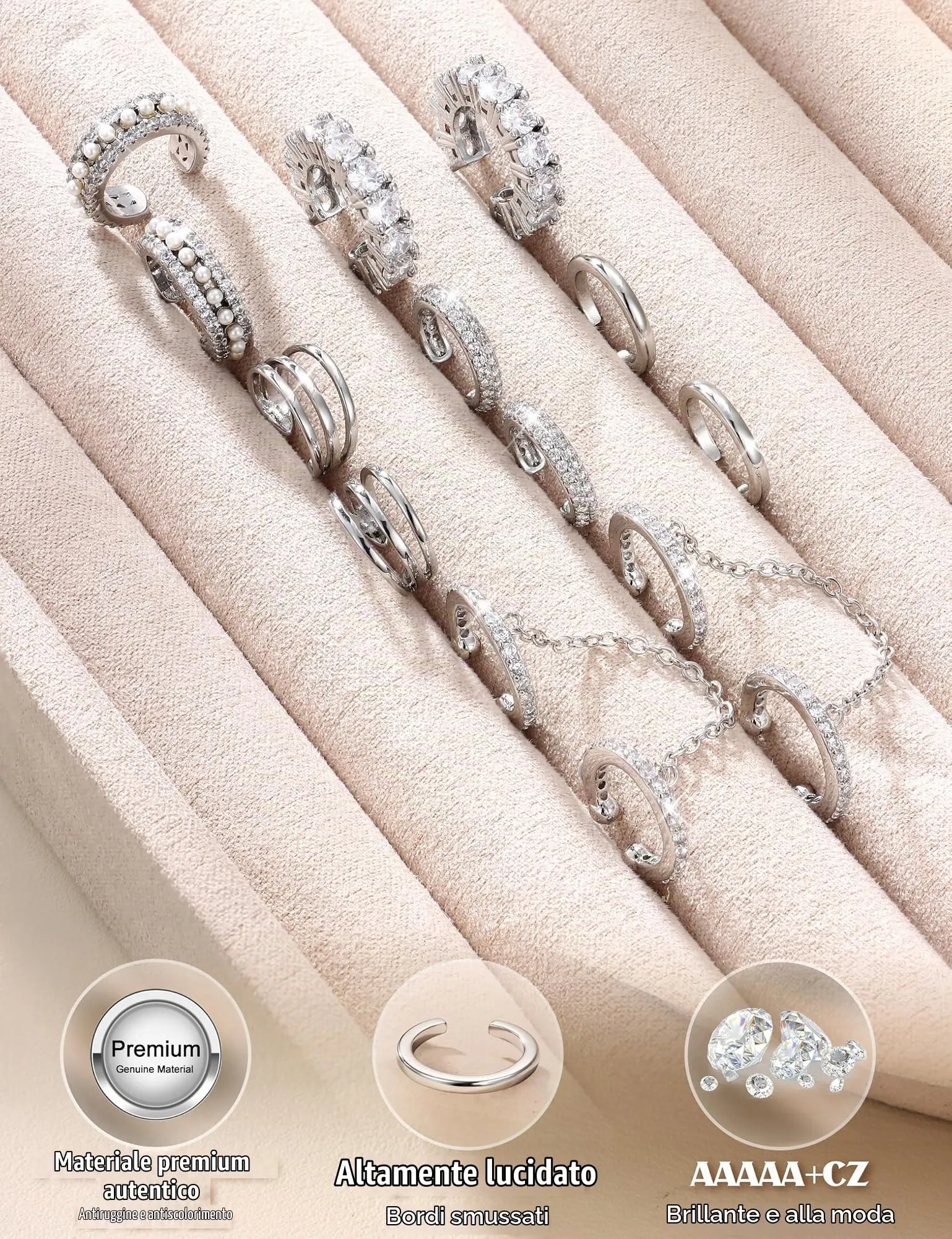 Morfetto Ear Cuff Orecchini Senza Buco Donna Regolabili Ipoallergenici per Cartilagine Helix Argento CZ - immagine 6