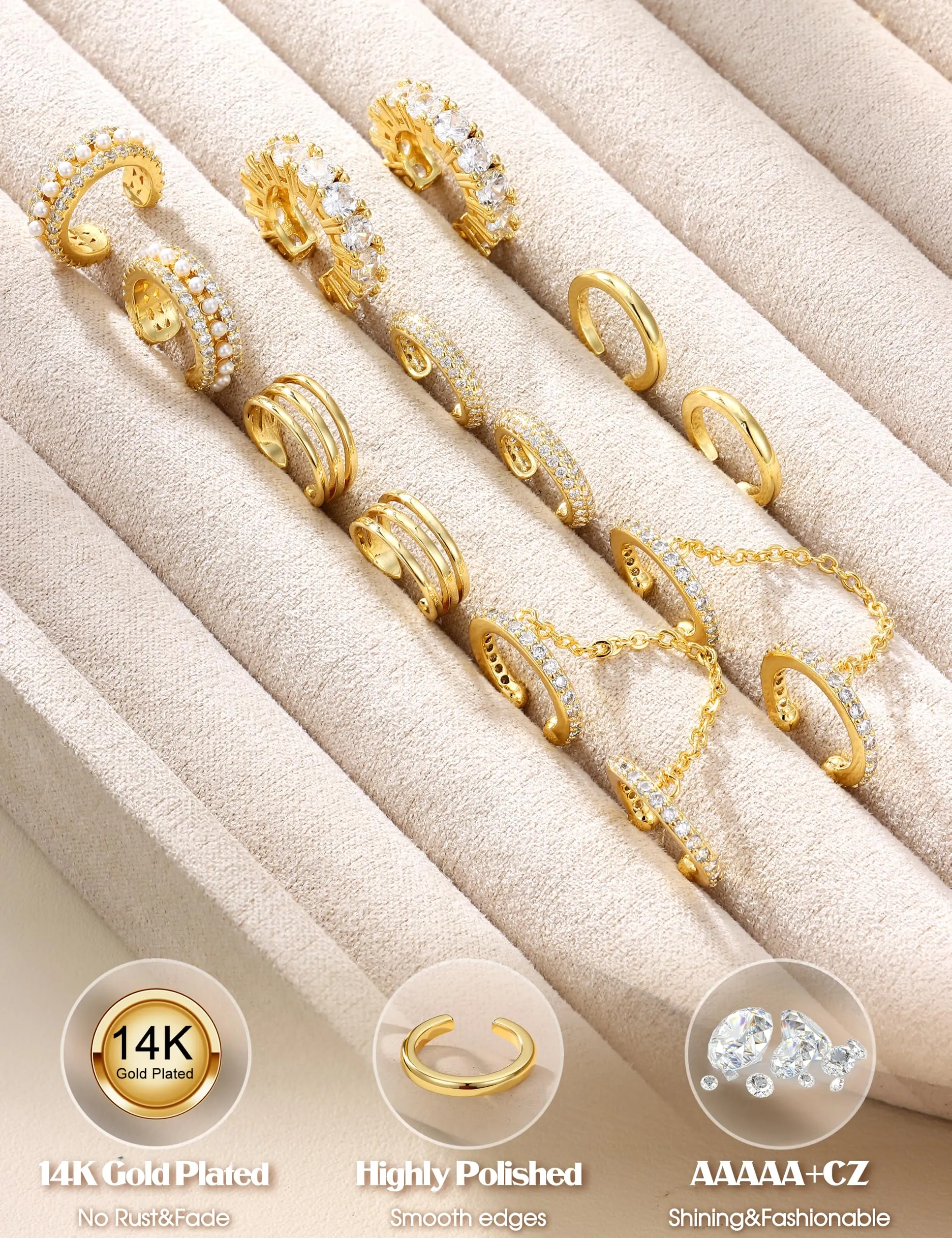 Morfetto Ear Cuff Orecchini Senza Buco Donna Regolabili Ipoallergenici per Cartilagine Helix Dorata Larga - immagine 6