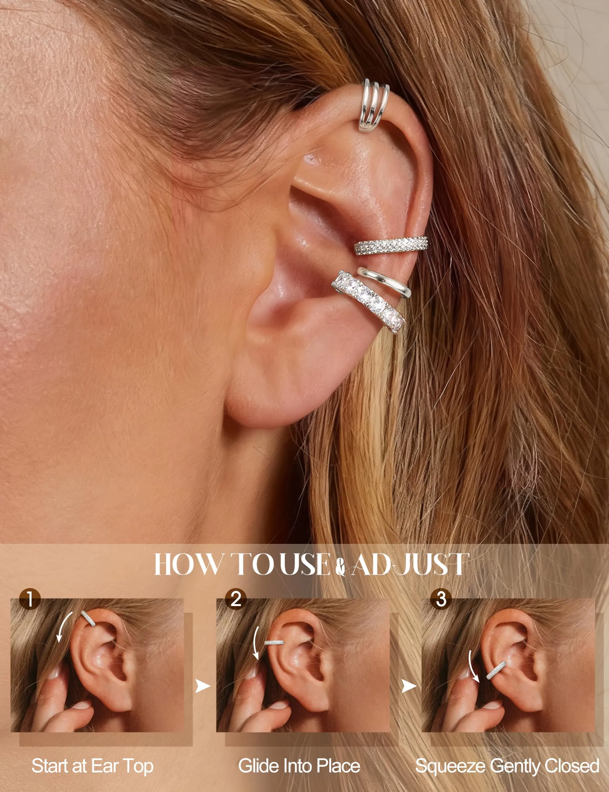Morfetto Ear Cuff Orecchini Senza Buco Donna Regolabili Ipoallergenici Argento 3-fasce - immagine 5