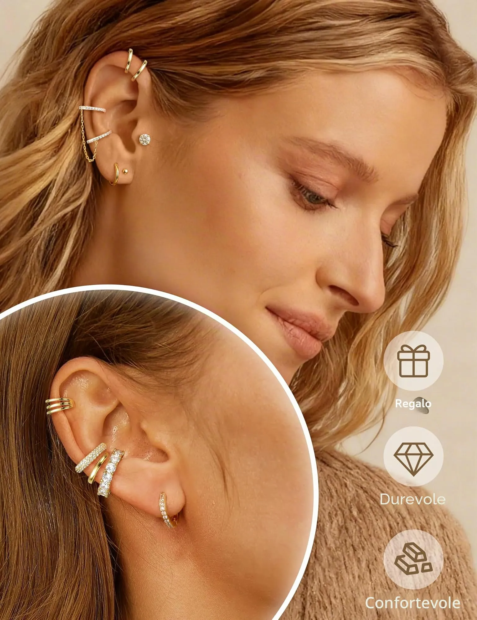 Morfetto Ear Cuff Orecchini Senza Buco Donna Regolabili Ipoallergenici Placcati in Oro 14K con Zirconi per Cartilagine Helix - immagine 4