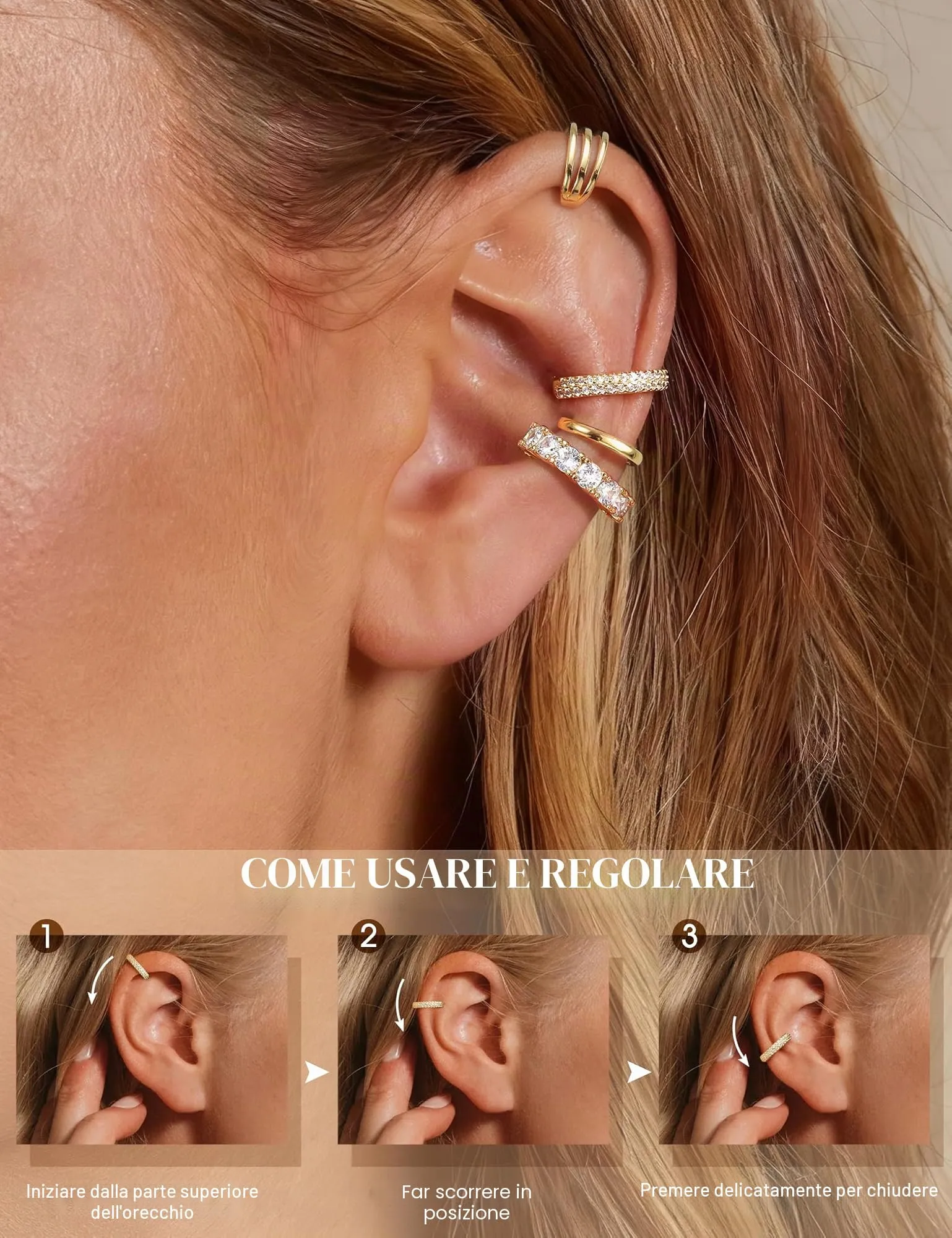 Morfetto Ear Cuff Orecchini Senza Buco Donna, Regolabili Ipoallergenici per Cartilagine Helix, Placcati in Oro 14k con Zirconi, Dorata Fascia - immagine 5