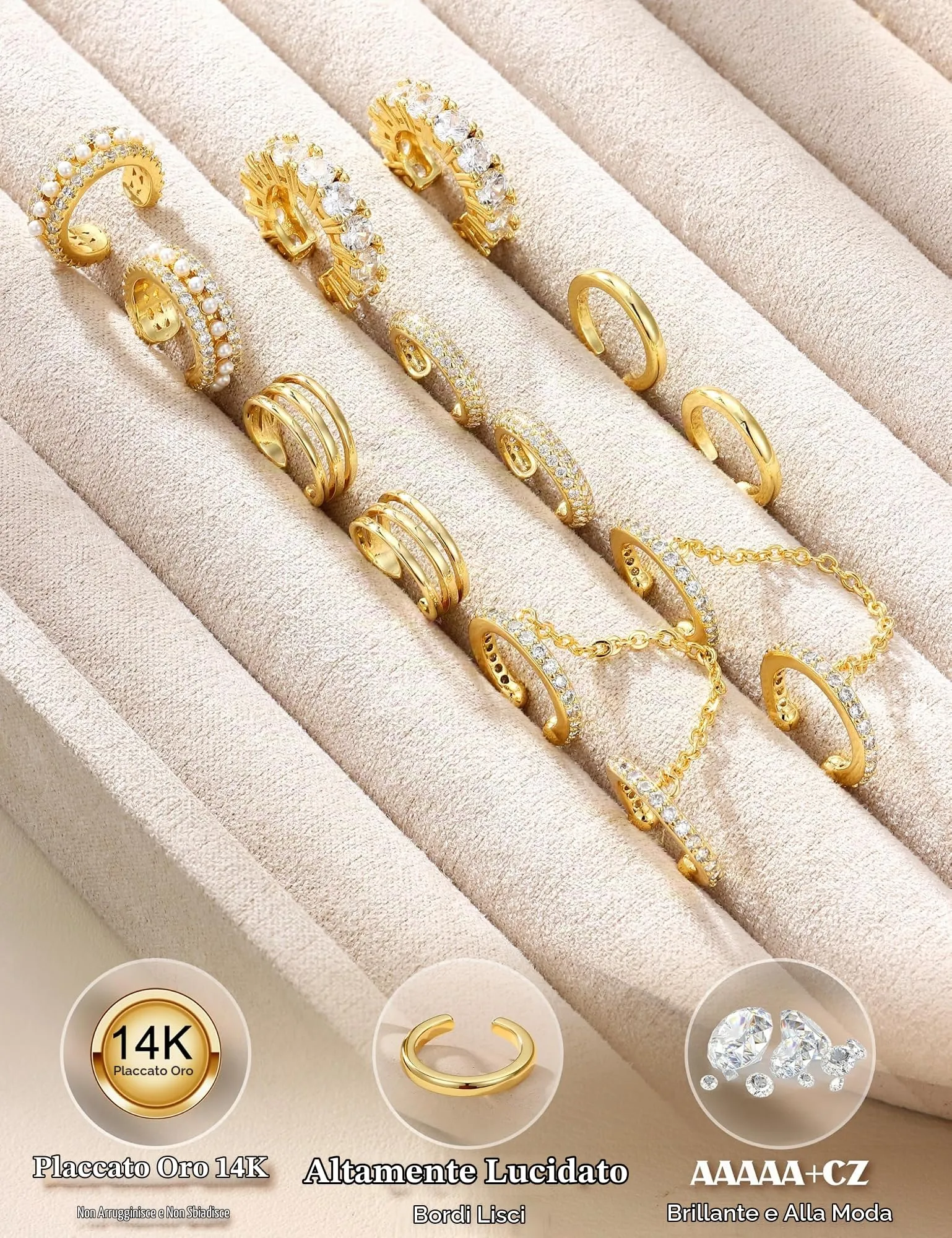 Morfetto Ear Cuff Orecchini Senza Buco Donna, Regolabili Ipoallergenici per Cartilagine Helix, Placcati in Oro 14k con Zirconi, Dorata Fascia - immagine 6