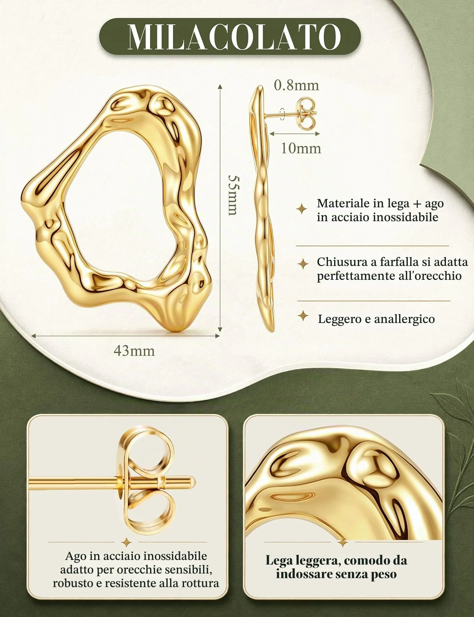 Milacolato Orecchini Donna Oro Statement Anallergici - immagine 3