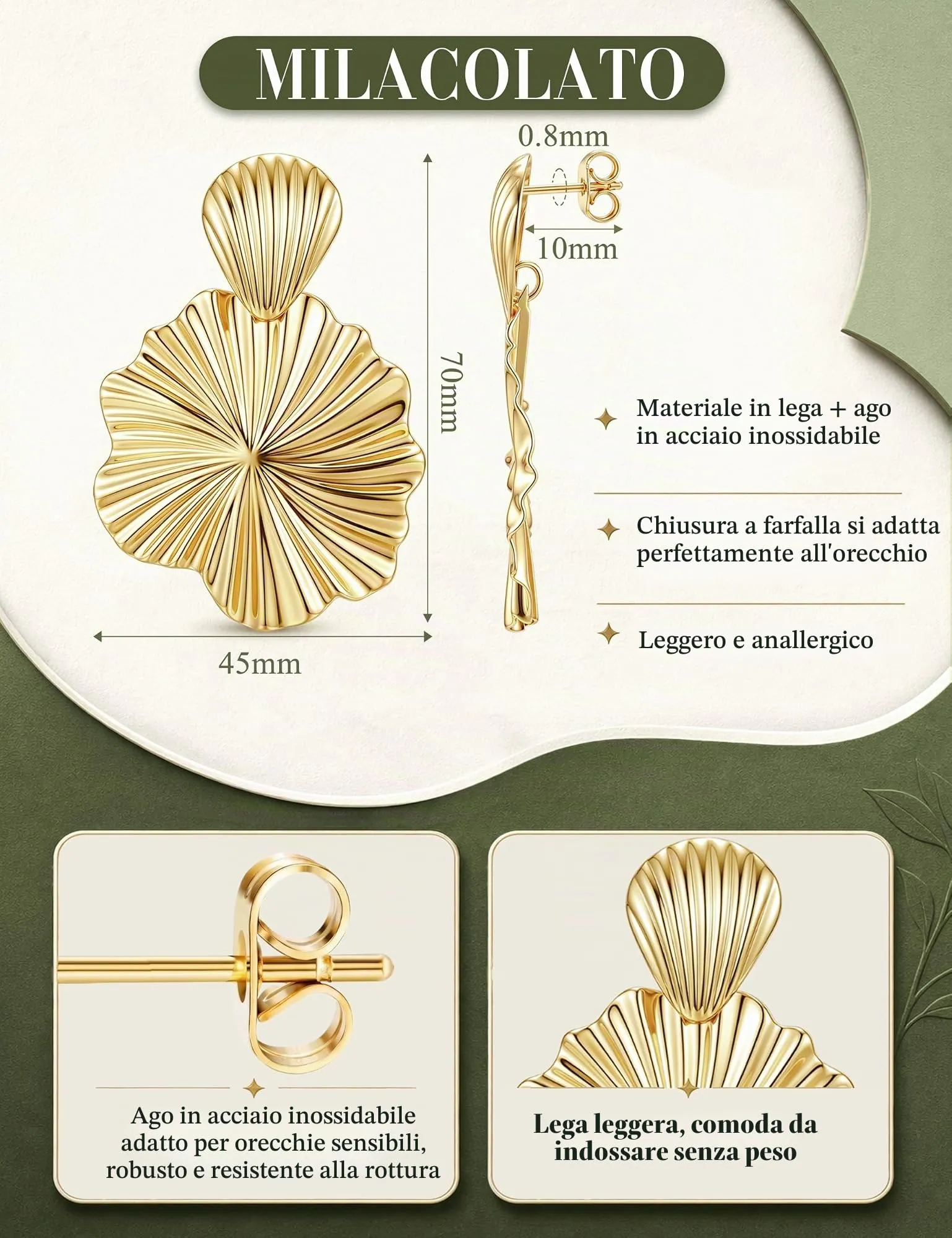 Milacolato Orecchini Statement Donna in Oro Anallergici - immagine 3